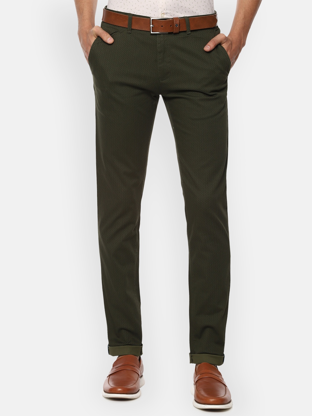 

V Dot Men Olive Green Textured Slim Fit Trousers