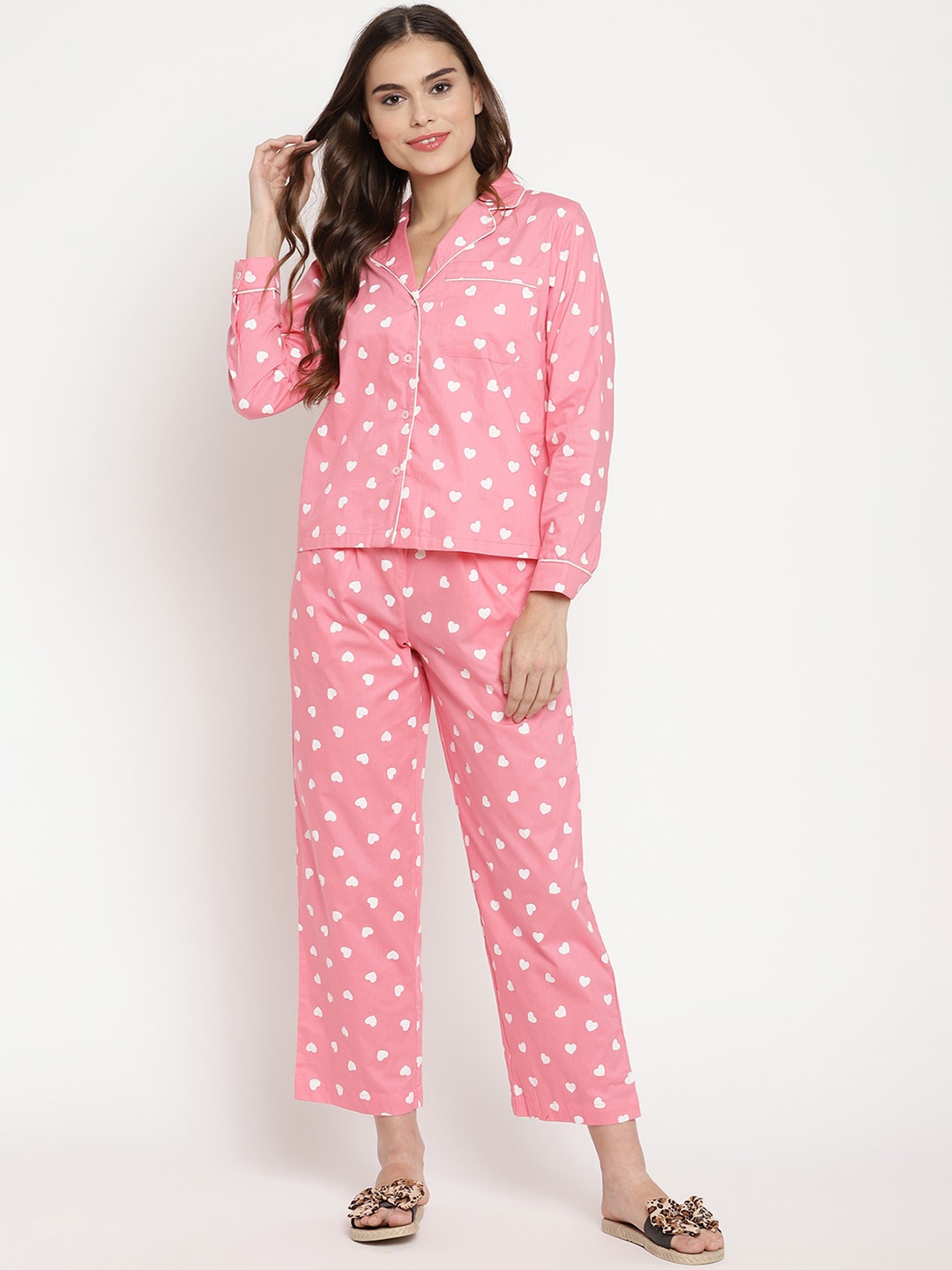 

COASTLAND Women Pink & White Printed Night suit