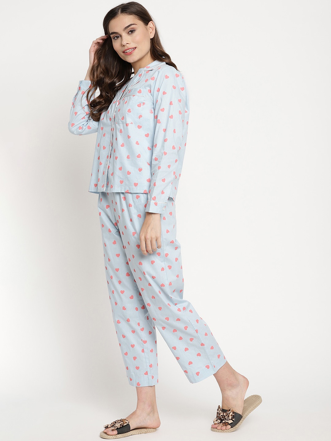 

COASTLAND Women Turquoise Blue & Pink Printed Pure Cotton Night suit