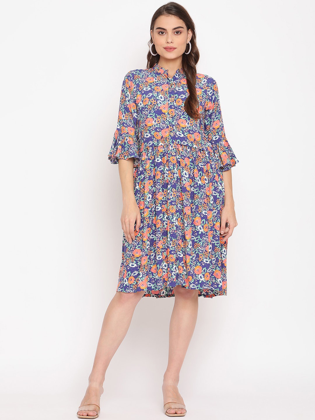 

COASTLAND Blue & Orange Floral Crepe Dress