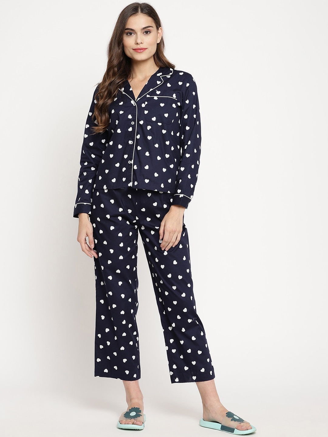 

COASTLAND Women Navy Blue & White Heart Printed Pure Cotton Night Suit