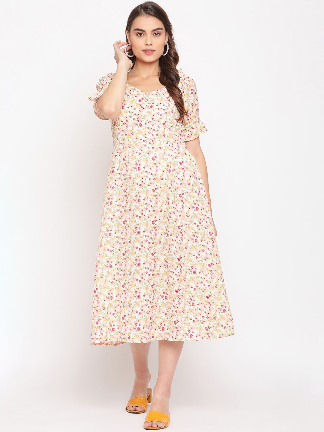 

COASTLAND Off-White & Pink Floral Georgette A-Line Midi Dress