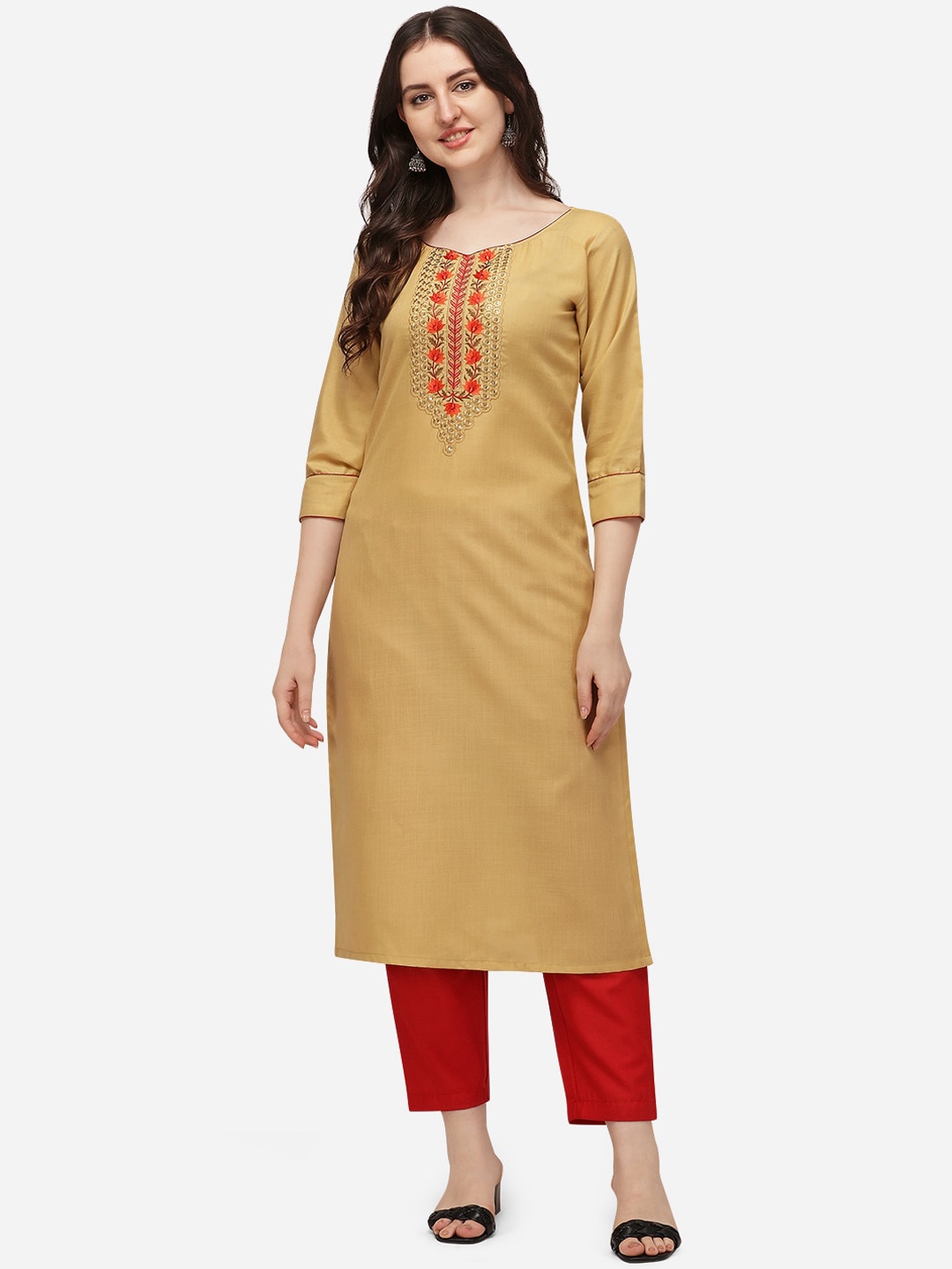 

Florence Women Beige Floral Yoke Design Straight Pure Cotton Kurta with Trousers