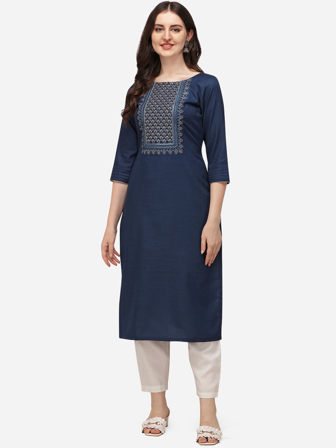 

Florence Women Navy Blue Yoke Design Regular Pure Cotton Kurti with Trousers