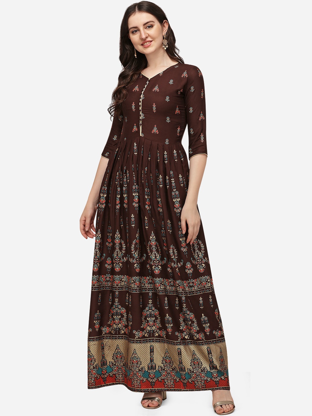 

Florence Women Brown Foil Printed Pleated Kurta with Trousers