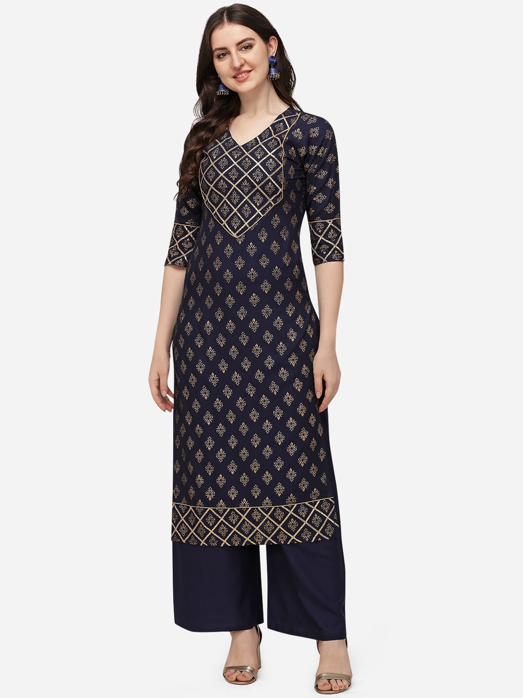 

Florence Women Navy Blue Ethnic Motifs Printed Regular Kurti with Palazzos