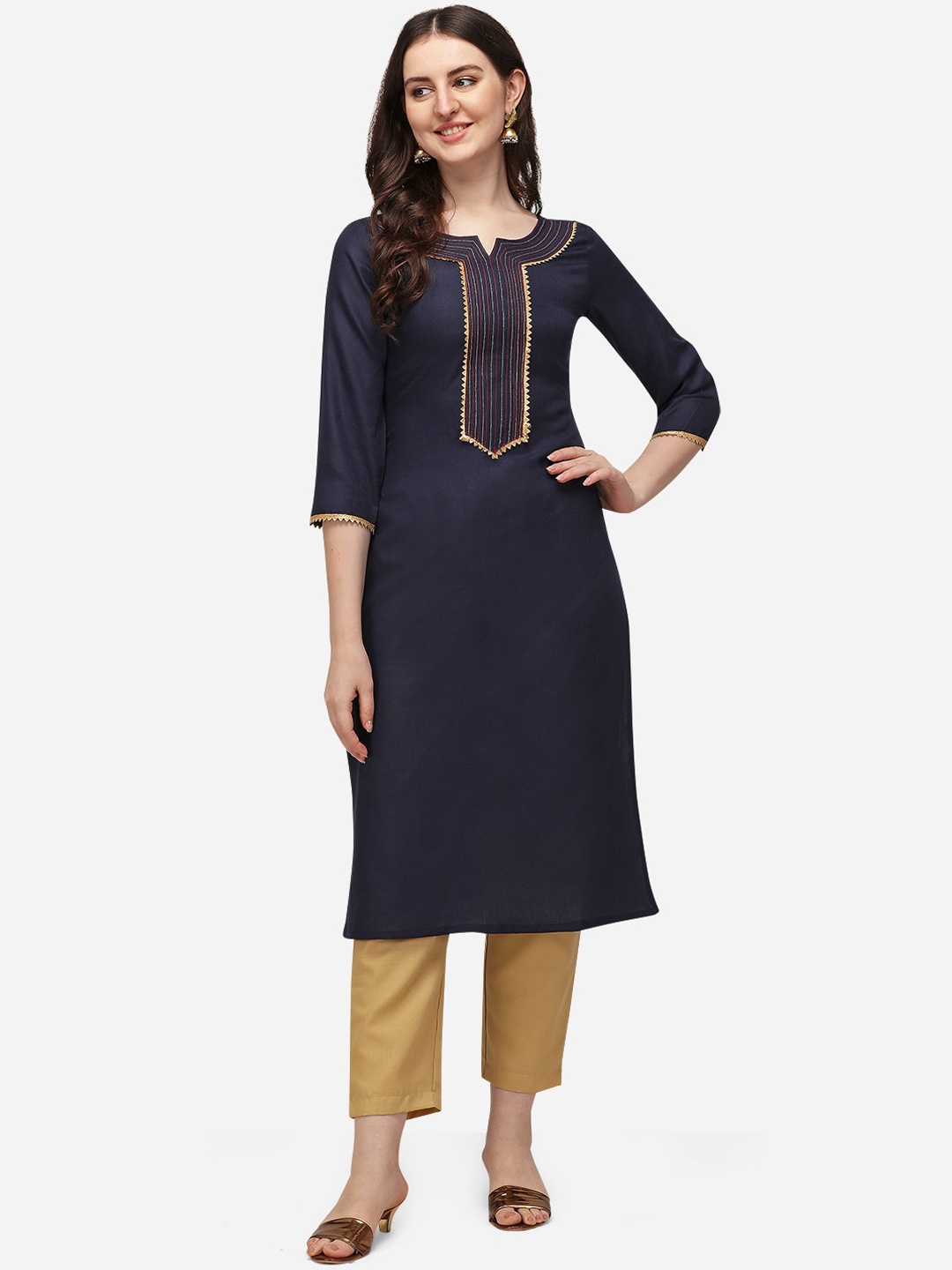 

Florence Women Navy Blue & Gold-Coloured Gotta Patti Pure Cotton Kurta with Trousers