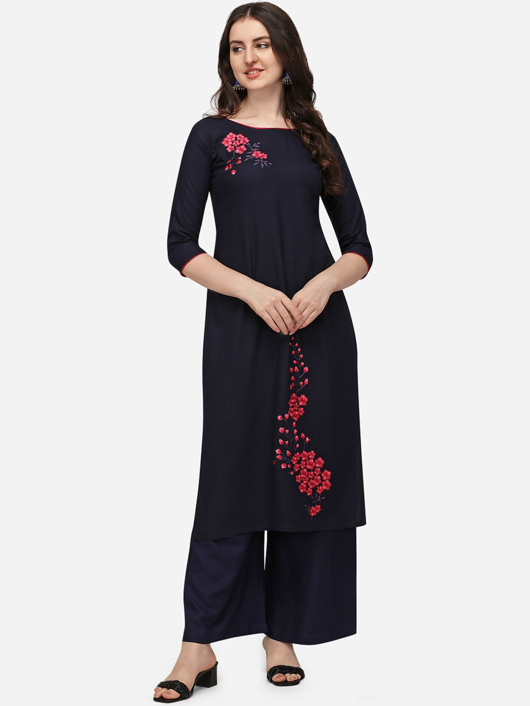 

Florence Women Navy Blue Floral Embroidered Pleated Kurti with Palazzos