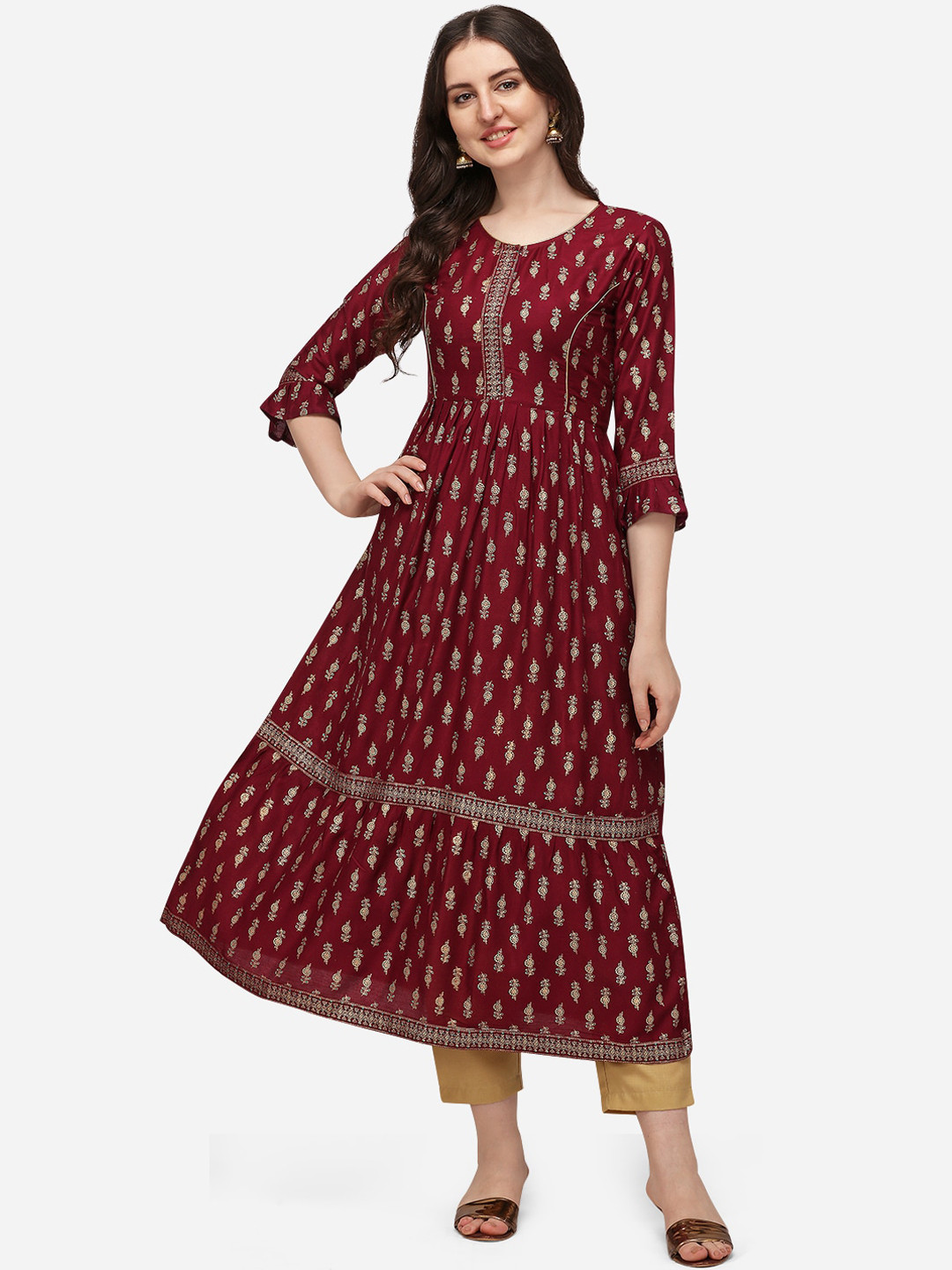 

Florence Women Maroon & Gold Ethnic Motifs Printed Pleated Kurta With Trousers