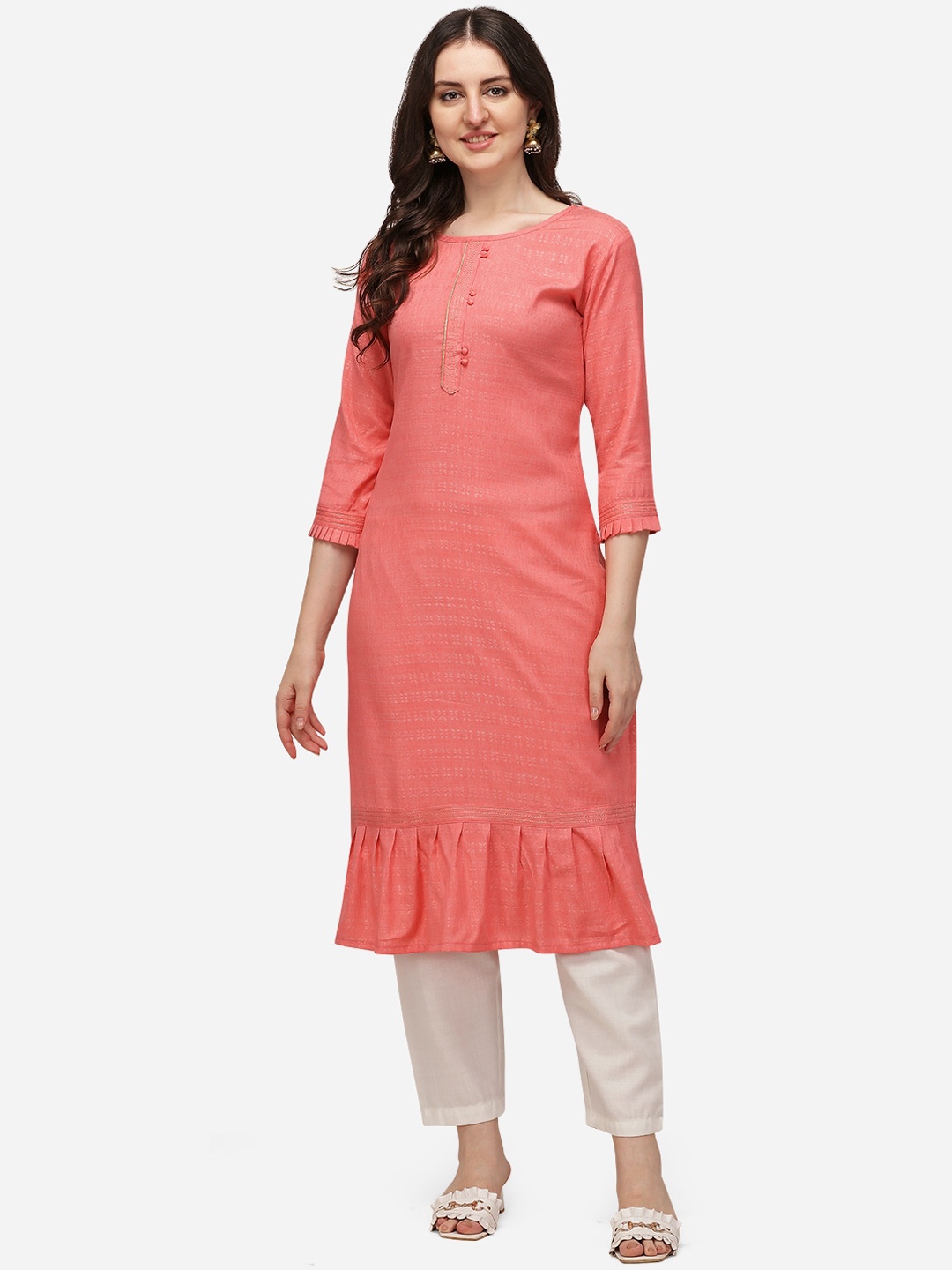 

SAADHVI Women Peach-Coloured & White Regular Pure Cotton Kurta with Trousers
