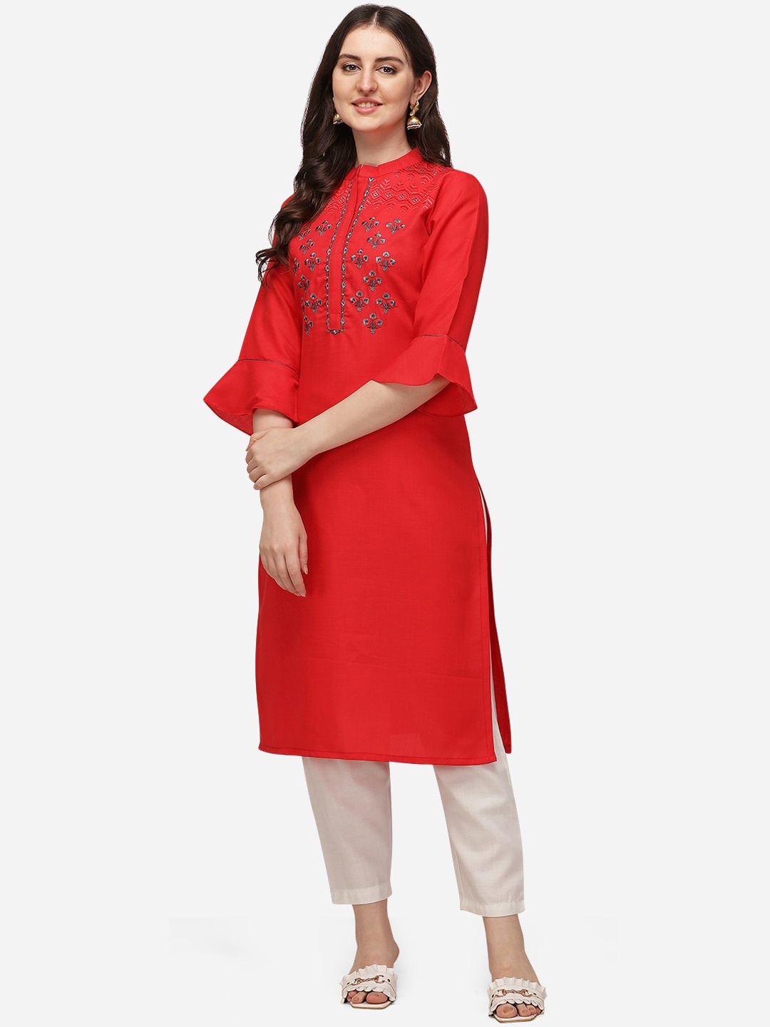 

SAADHVI Women Red Floral Embroidered Regular Pure Cotton Kurta with Trousers