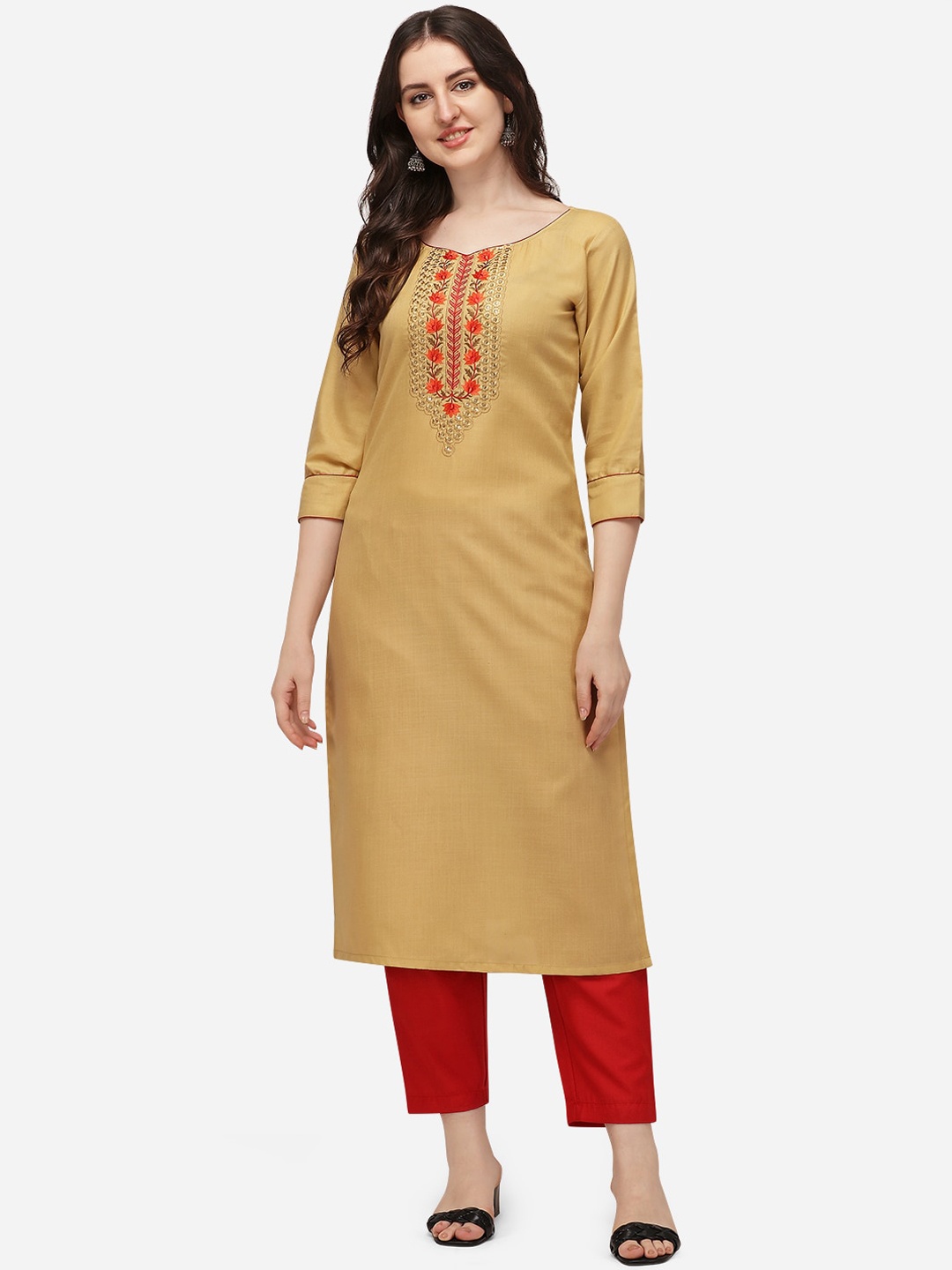 

SAADHVI Women Beige Regular Pure Cotton Kurti with Trousers