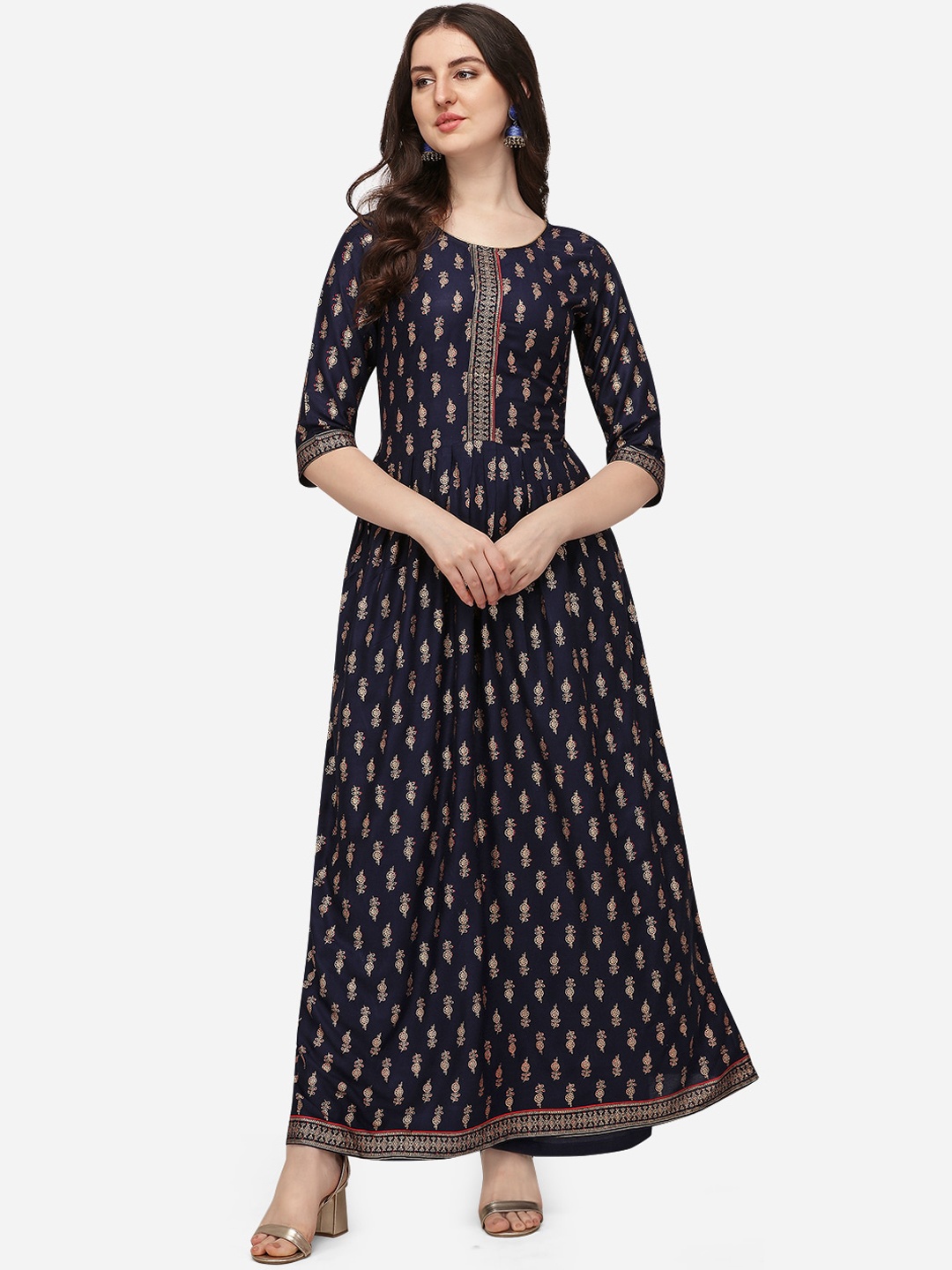 

SAADHVI Women Navy Blue Ethnic Motifs Printed Pleated Kurta with Palazzos