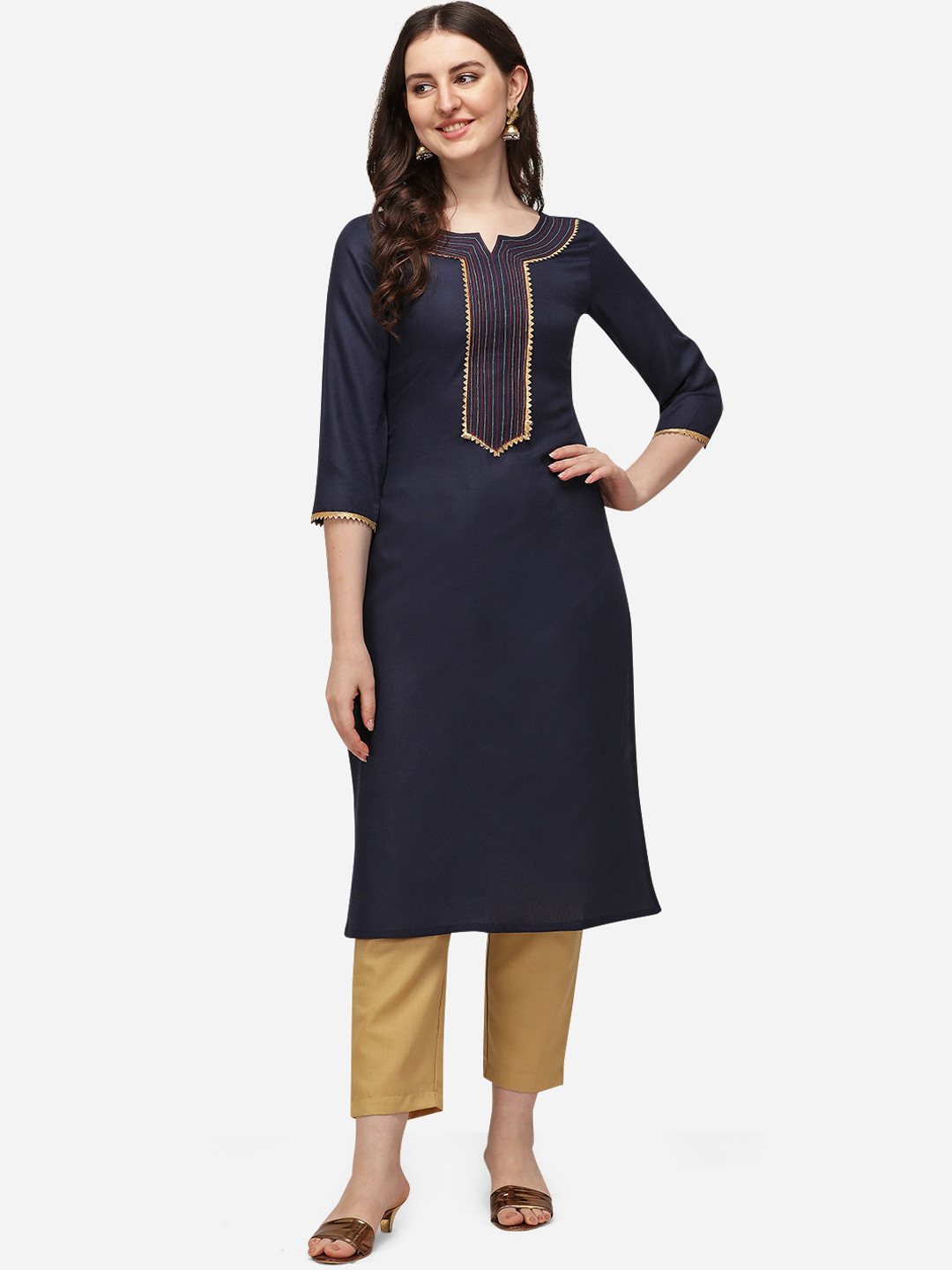 

SAADHVI Women Navy Blue Regular Pure Cotton Kurta with Trousers