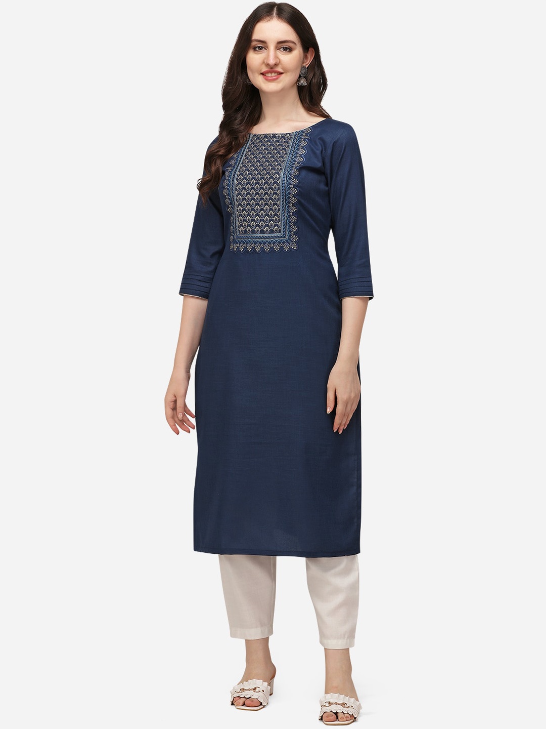 

SAADHVI Navy Blue Ethnic Motifs Embroidered Sequinned Pure Cotton Kurta with Trousers