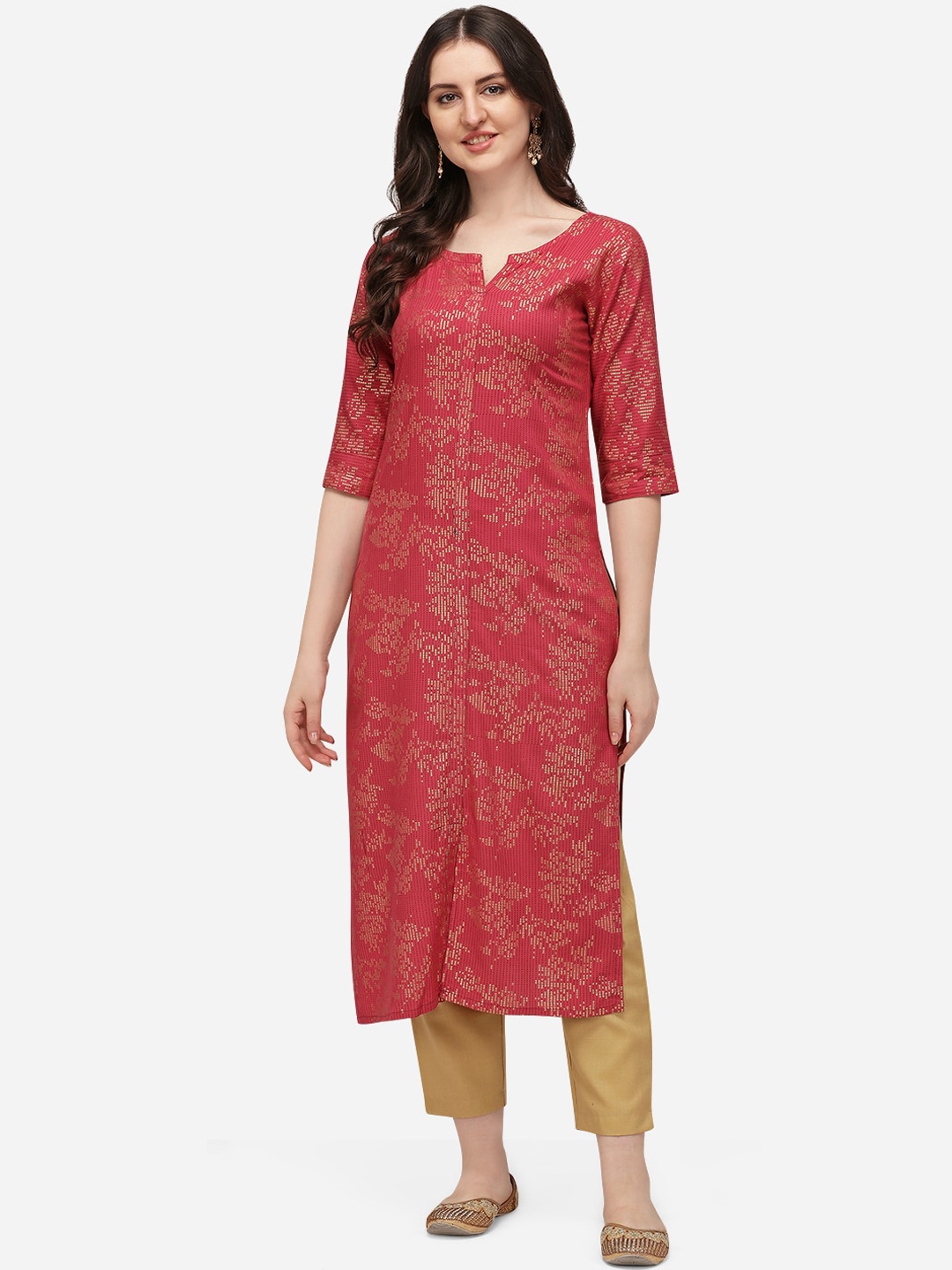 

SAADHVI Women Pink Ethnic Motifs Printed Regular Pure Cotton Kurti with Trousers
