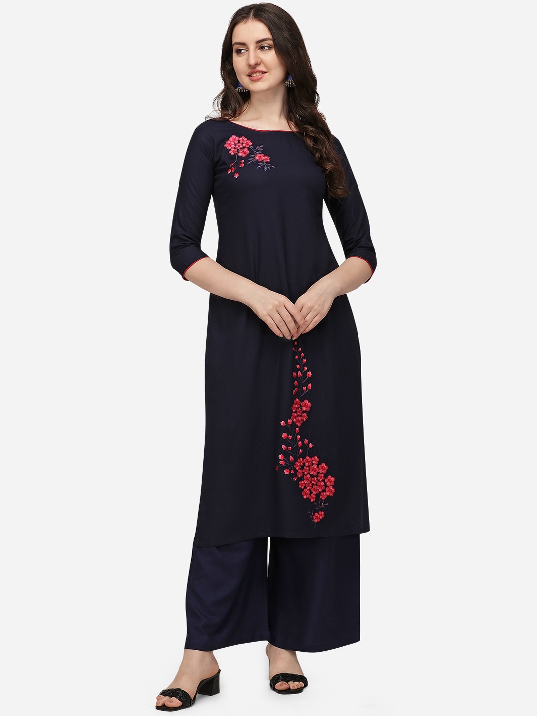 

Florence Women Navy Blue & Red Floral Embroidered Thread Work Kurta