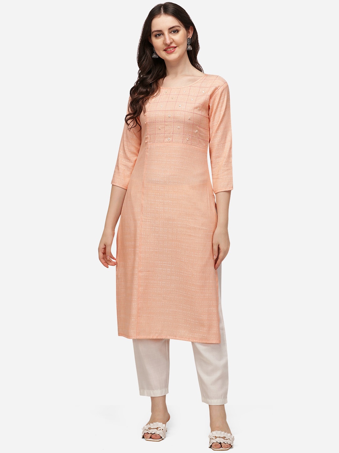

Florence Women Peach-Coloured Embroidered Straight Kurta