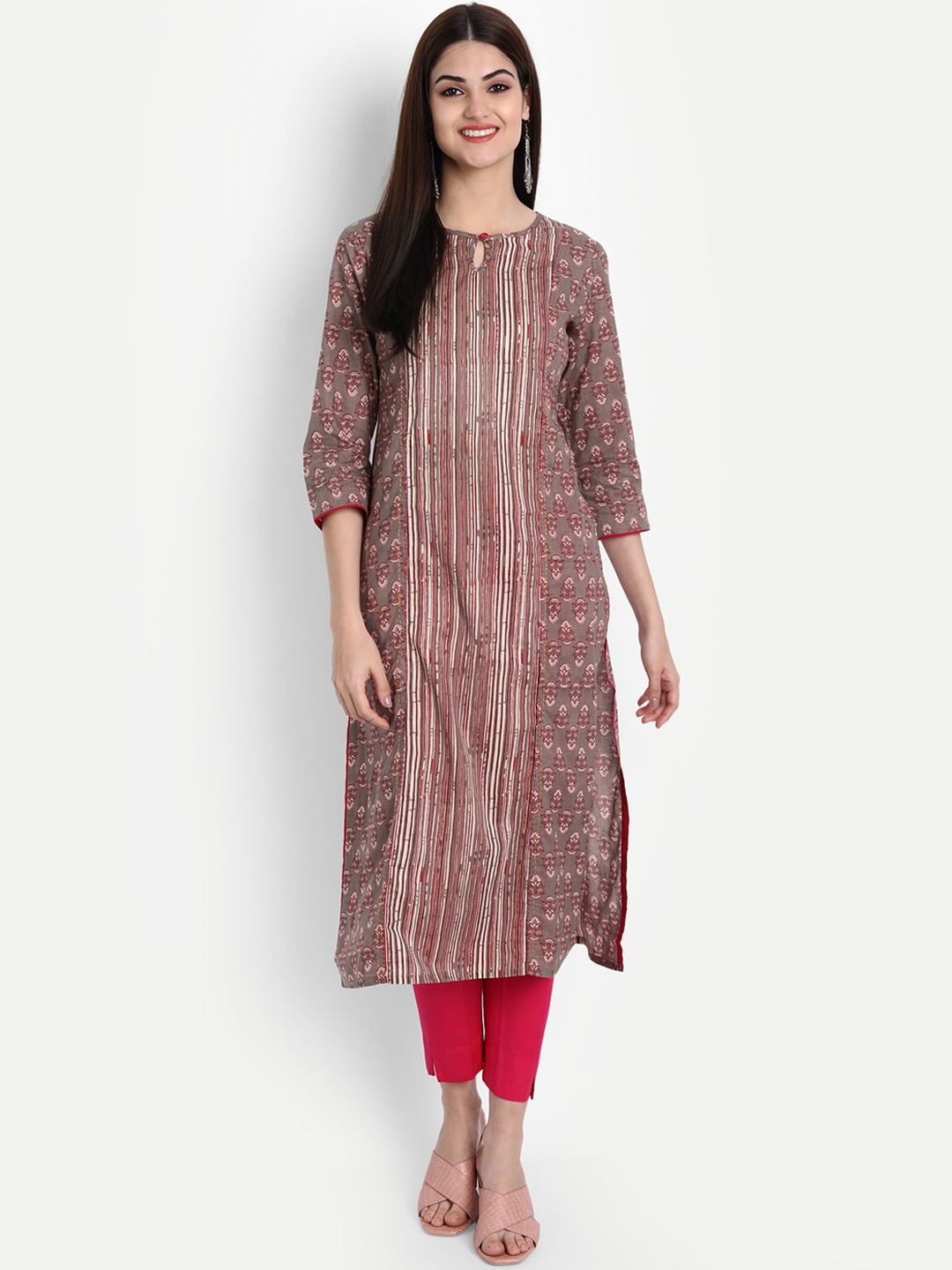 

fabGLOBAL Women Brown Printed Keyhole Neck Kurta