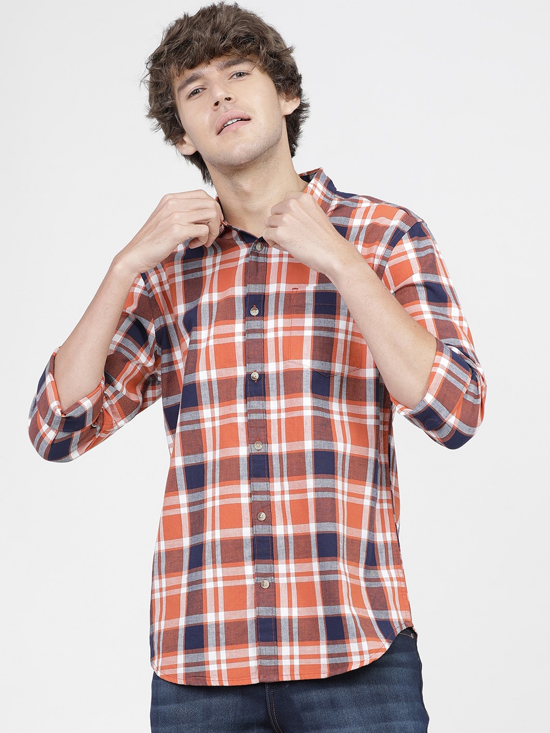 

HIGHLANDER Men Orange Slim Fit Tartan Checks Opaque Checked Casual Shirt
