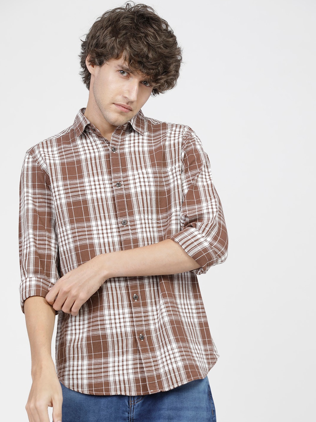 

HIGHLANDER Men Brown & White Slim Fit Tartan Checked Casual Shirt