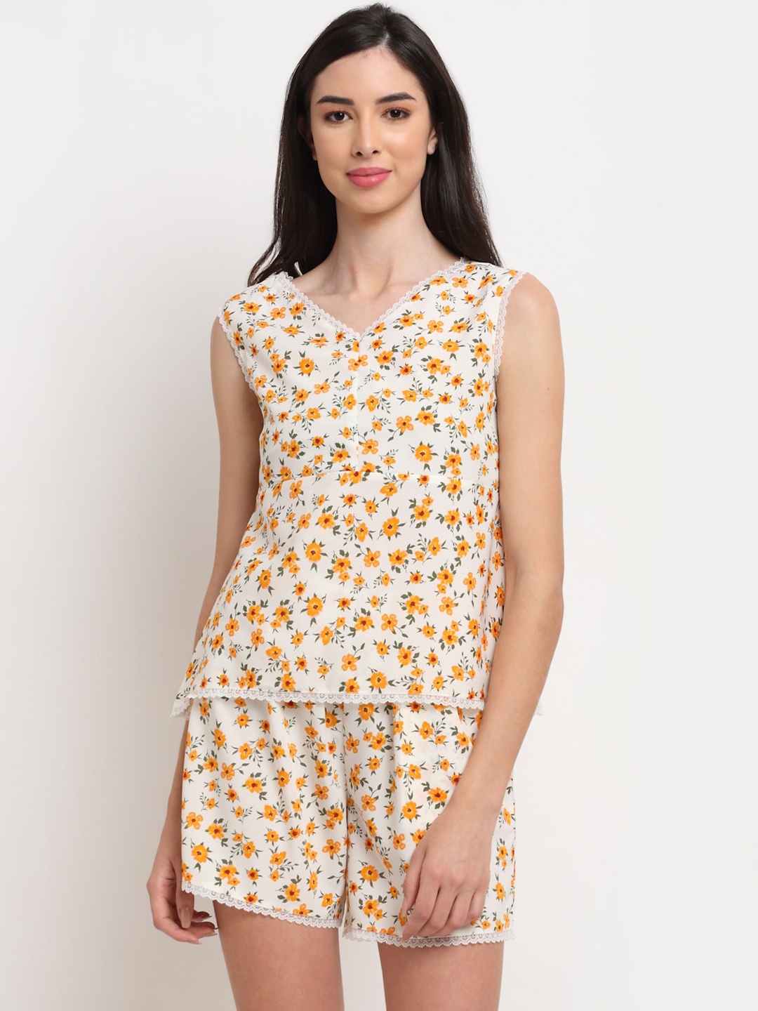 

EROTISSCH Women White & Orange Floral Print Night suit