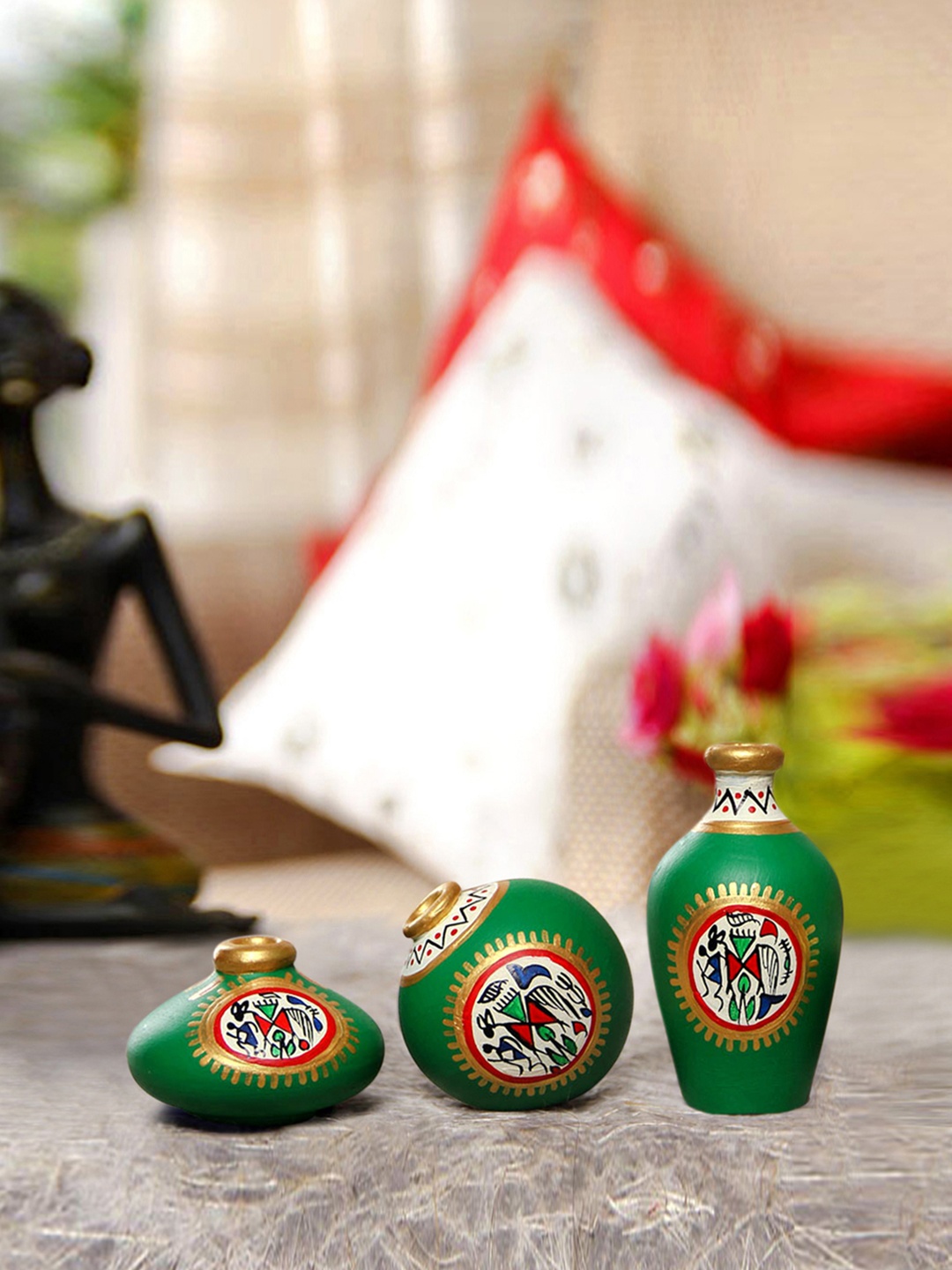 

ExclusiveLane Set Of 3 Terracotta Warli Handpainted Miniature Green Pots Showpieces