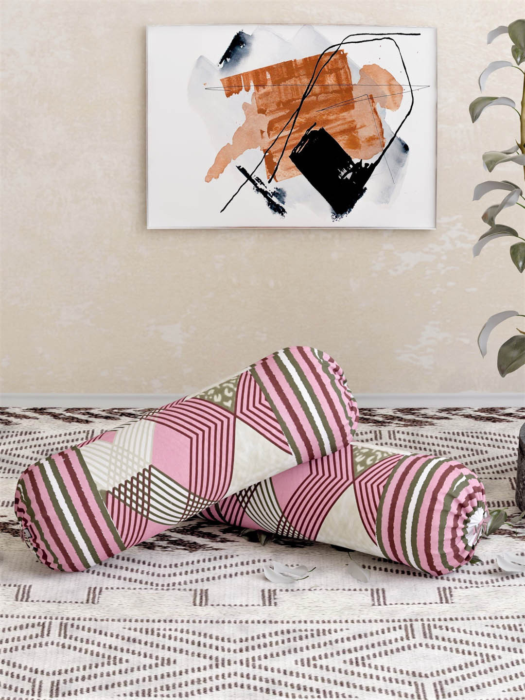 

Salona Bichona Set Of 2 Pink Printed 104TC Cotton Bolster Covers