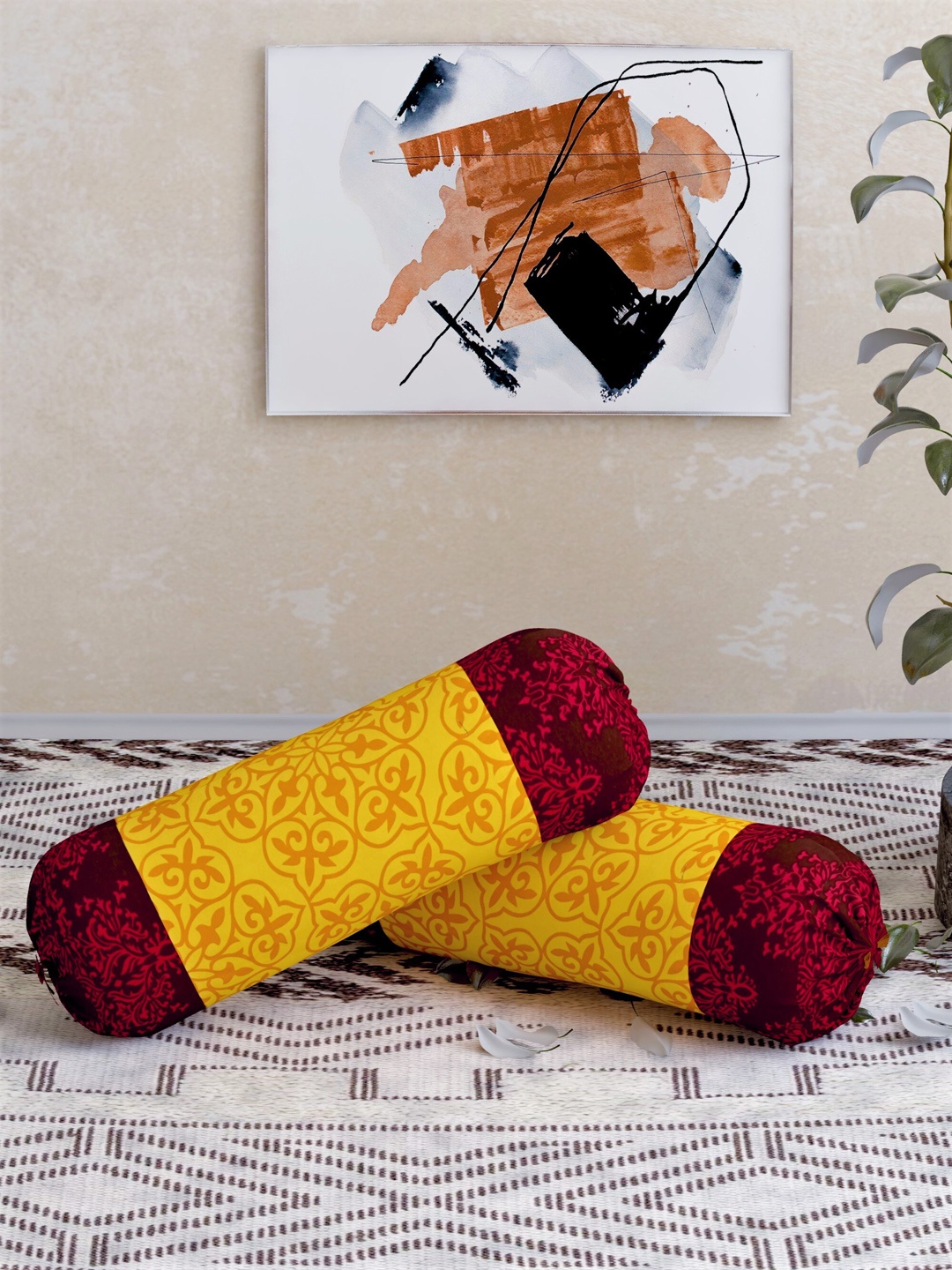 

Salona Bichona Set Of 2 Yellow & Maroon Printed Pure Cotton 120 TC Bolster Covers