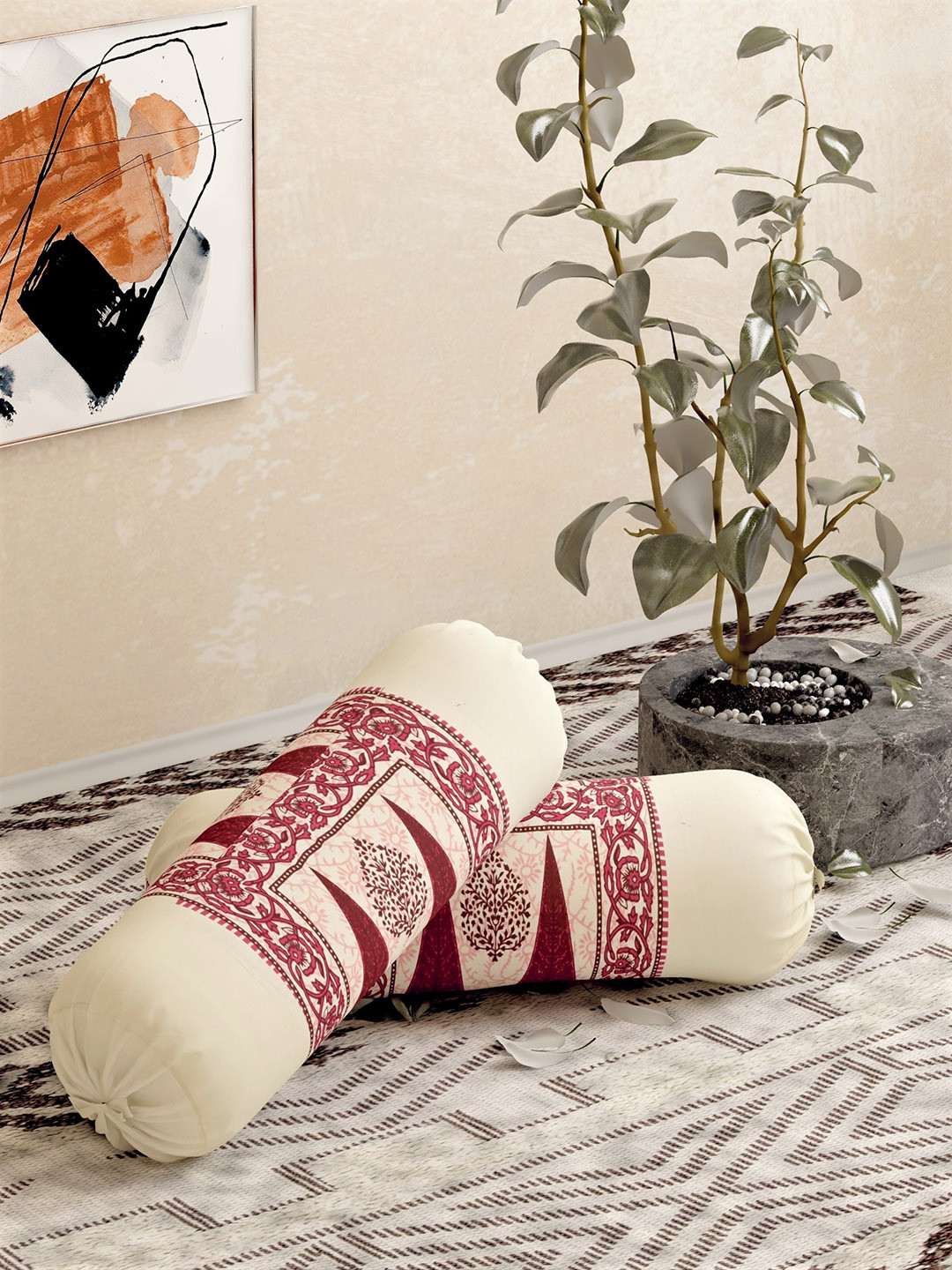 

Salona Bichona Set Of 2 Beige & Pink Printed Pure Cotton Bolster Covers