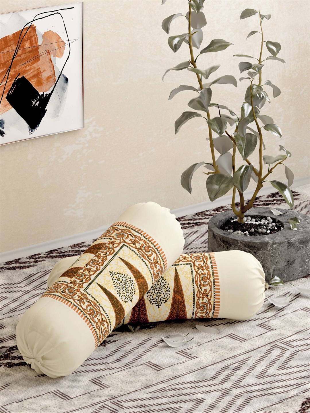 

Salona Bichona Set Of 2 Brown & White Jaipuri Printed 120 TC Pure Cotton Bolster Covers