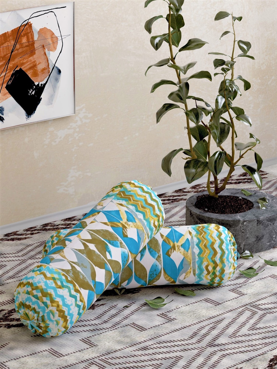 

Salona Bichona Set Of 2 Green & Blue Printed Cotton Bolster Covers