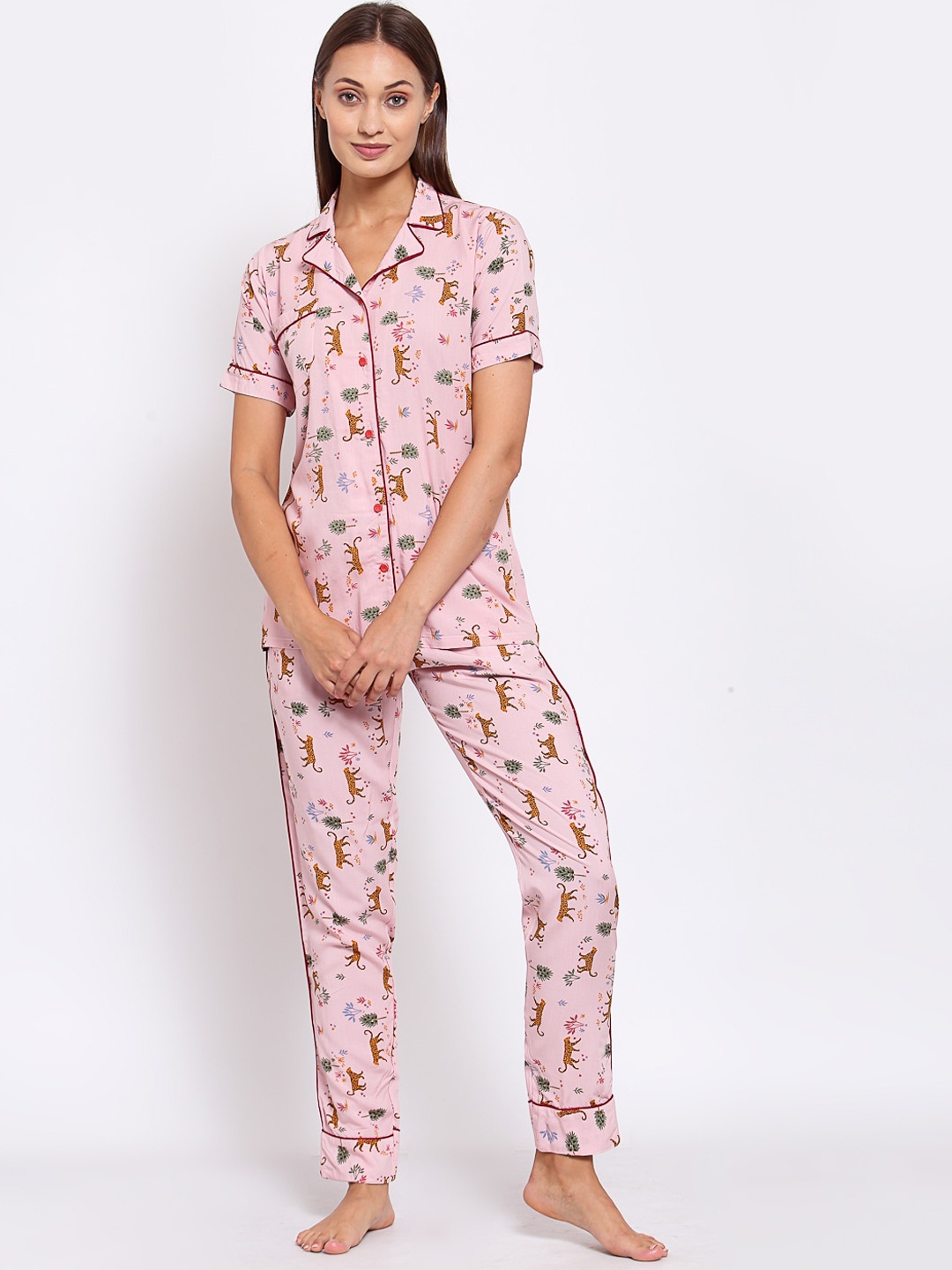 

KLOTTHE Women Pink & Green Printed Pure Cotton Night suit