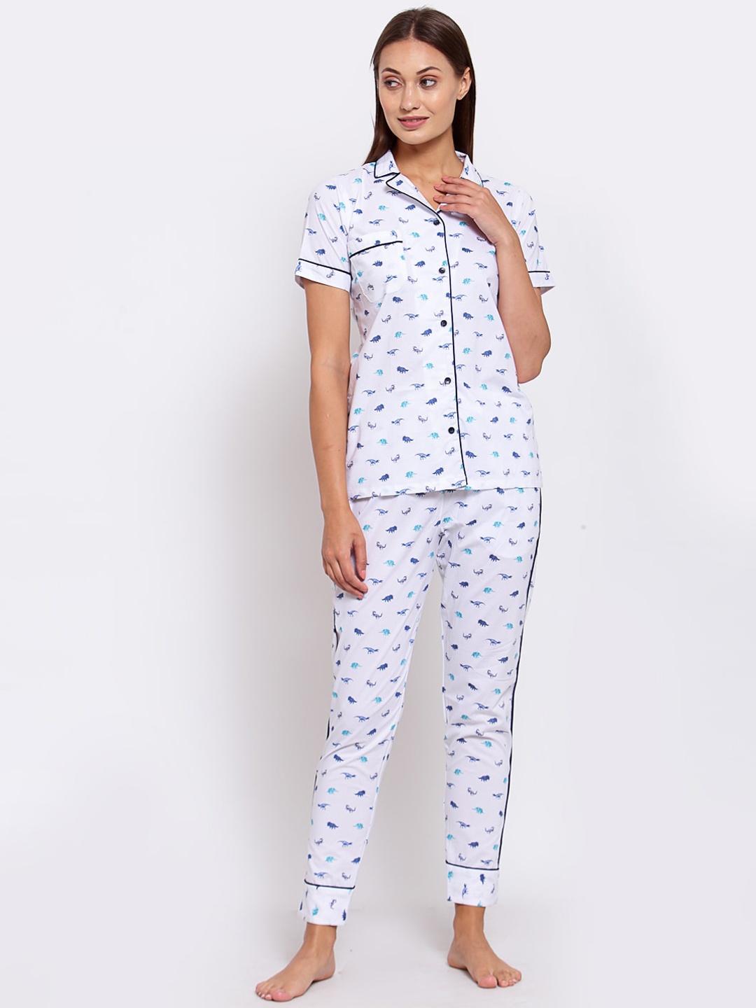 

KLOTTHE Women White & Blue Printed Cotton Night suit KLWNS-1018-White