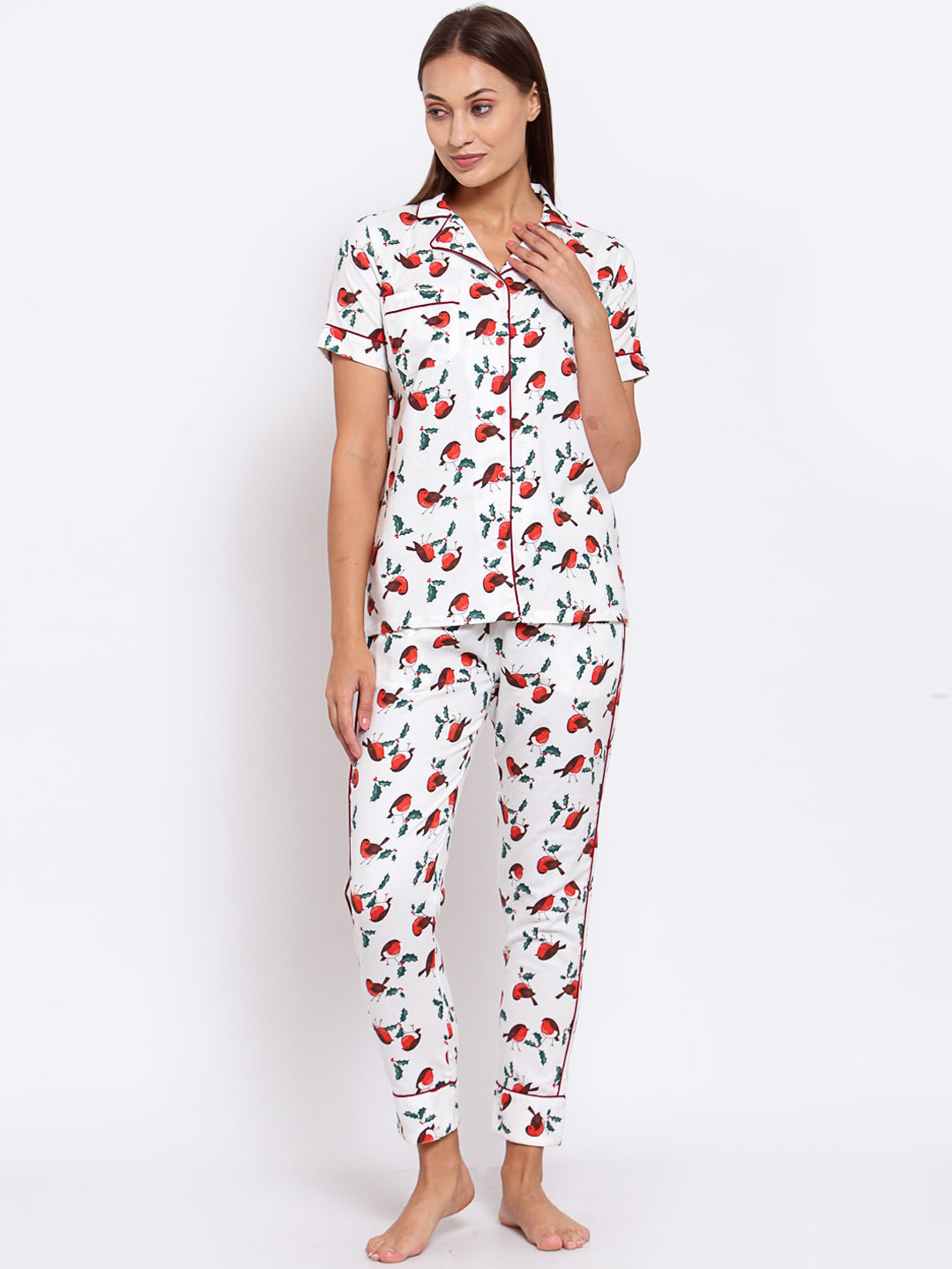 

KLOTTHE Women White & Red Printed Night suit