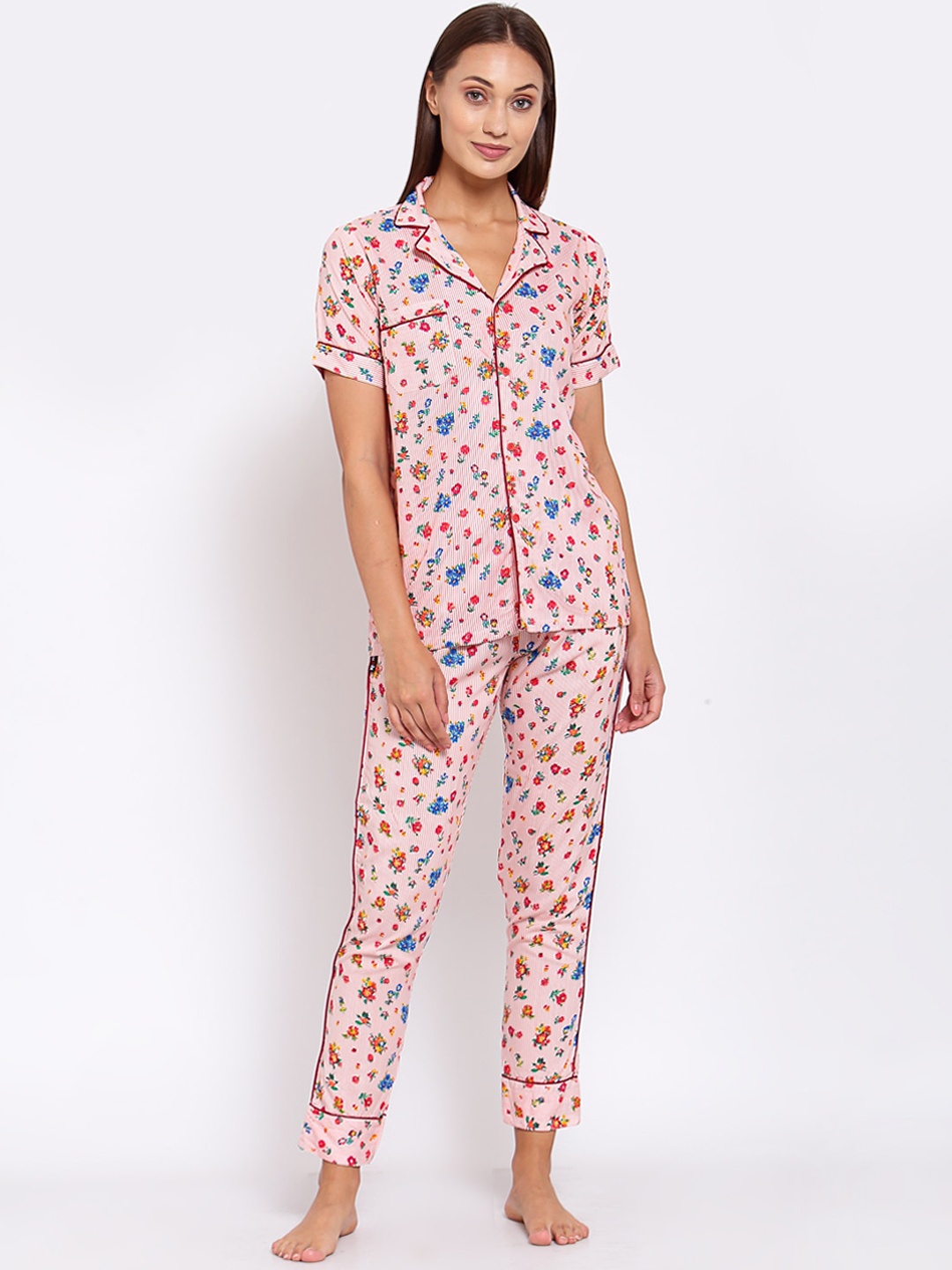 

KLOTTHE Women Pink & Red Printed Night Suit