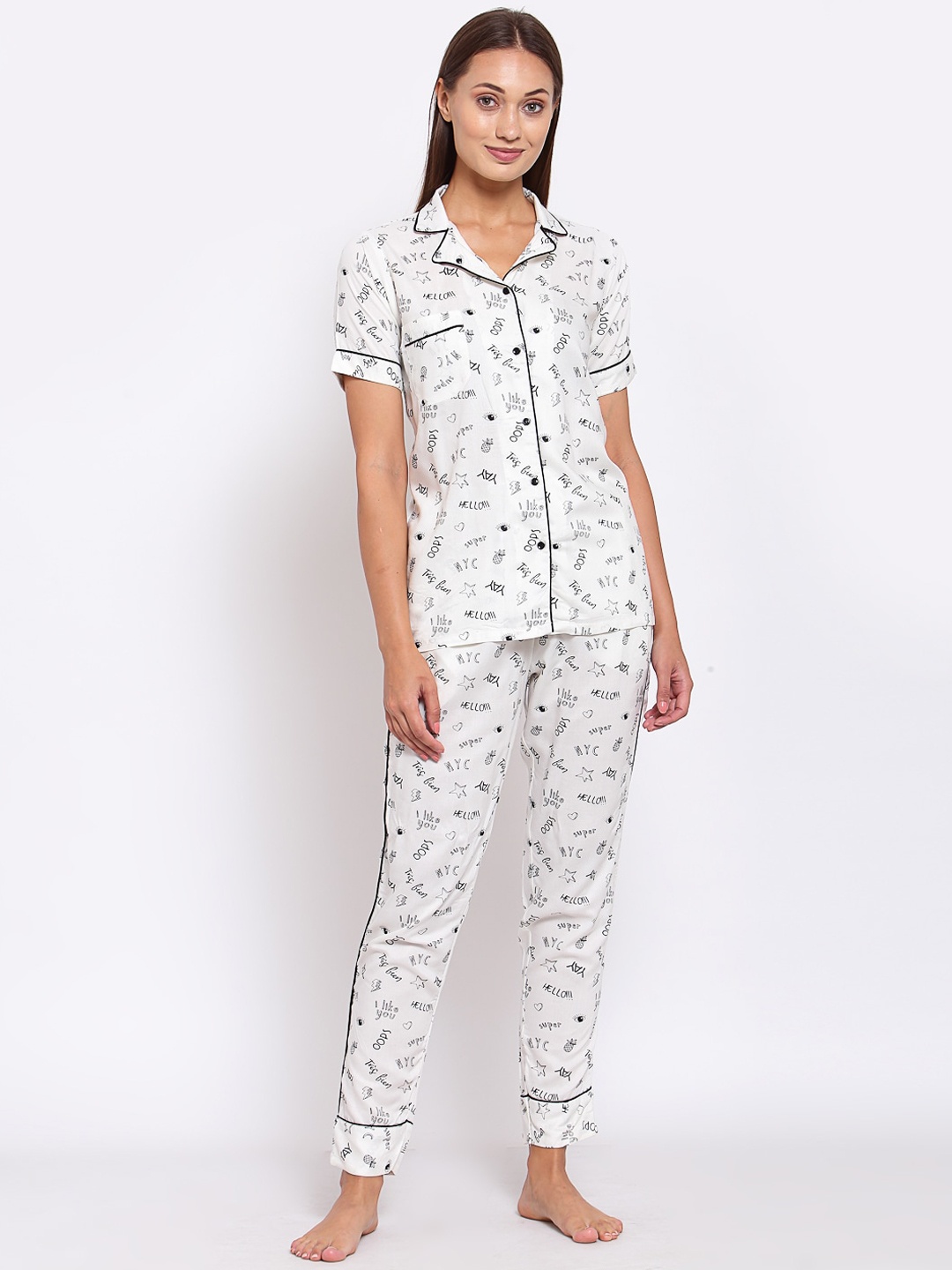 

KLOTTHE Women White & Black Printed Cotton Night suit