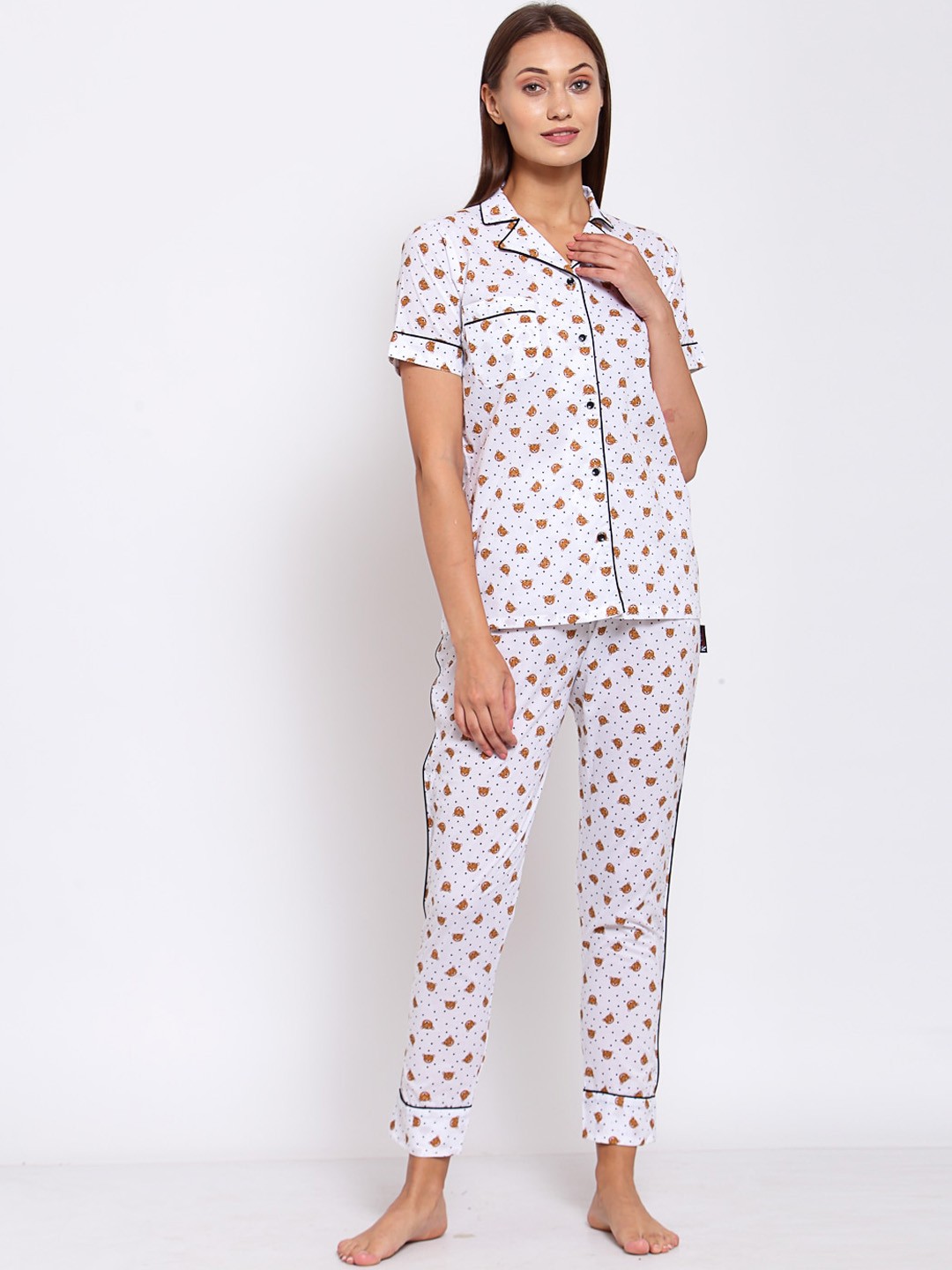 

KLOTTHE Women White & Brown Printed Pure Cotton Night Suit