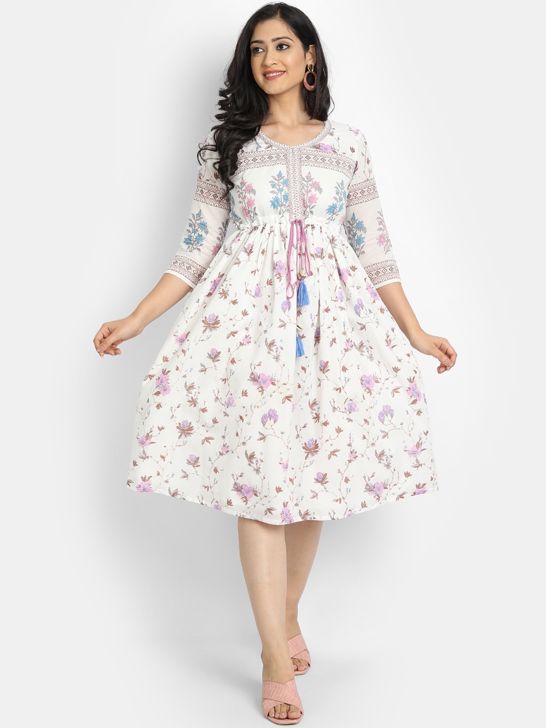 

SUTI White & Pink Floral Ethnic Dress