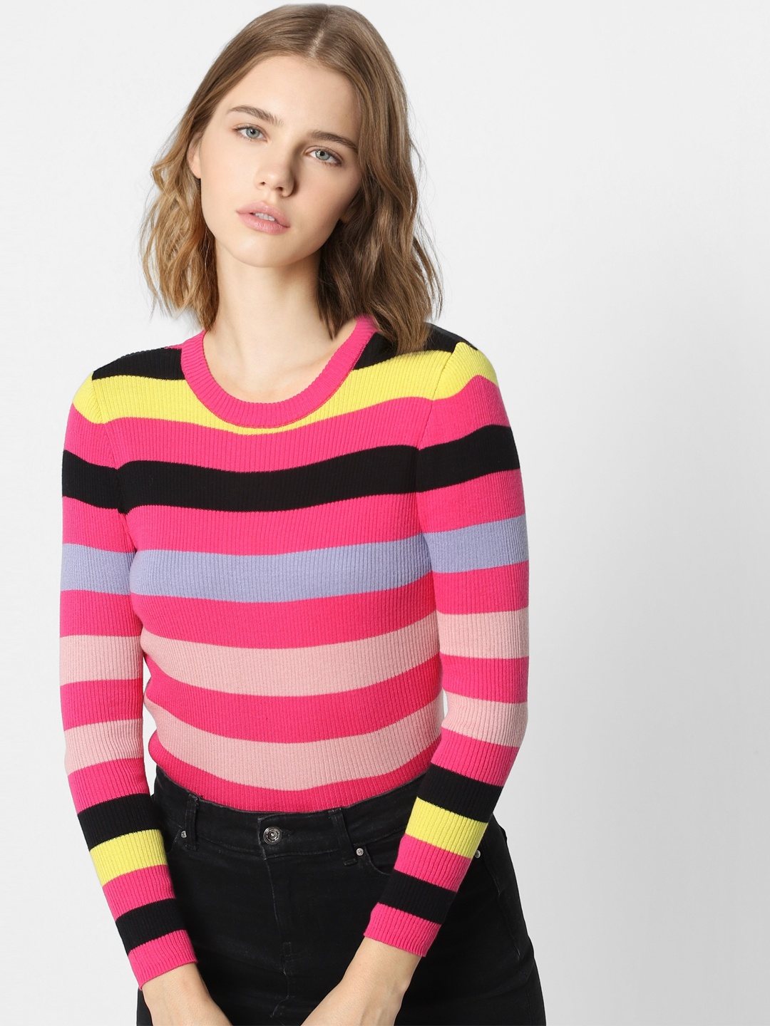 

ONLY Women Pink & Black Striped Pullover Sweater