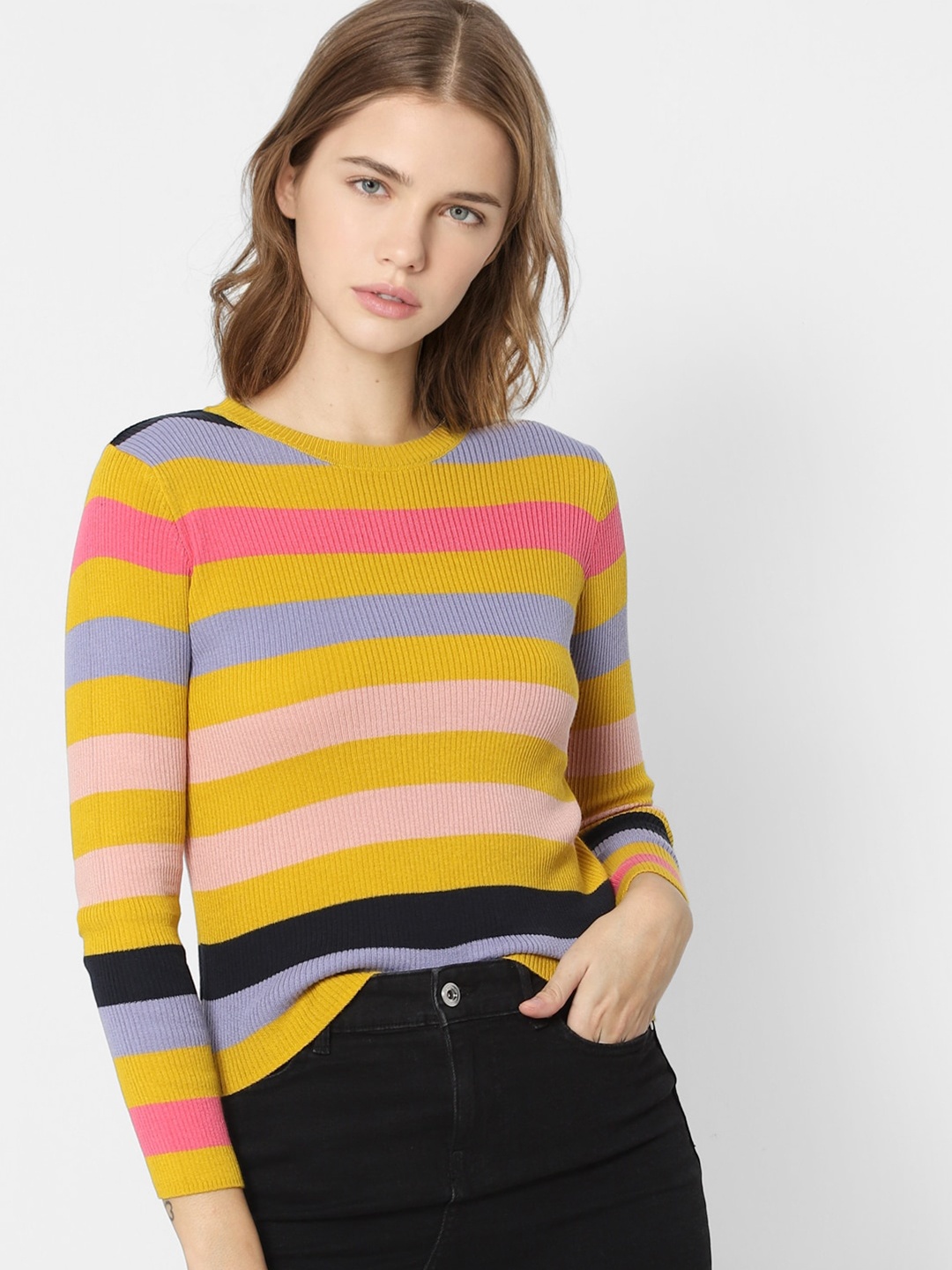 

ONLY Women Yellow & Blue Striped Pullover