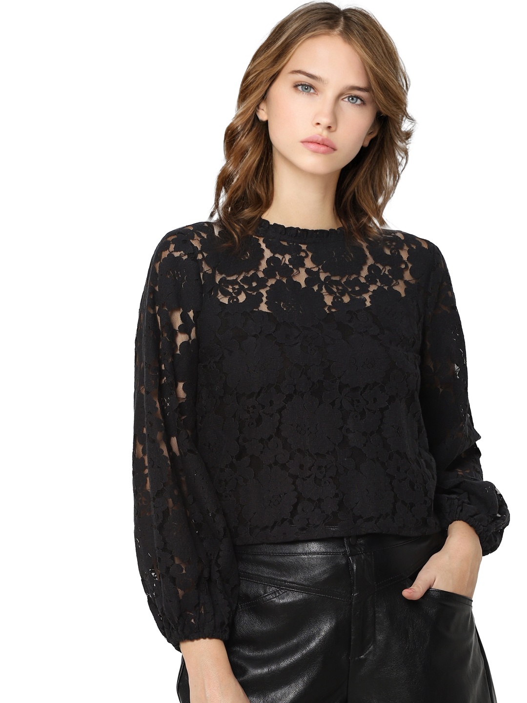 

ONLY Black Self Design Lace Inserts Top