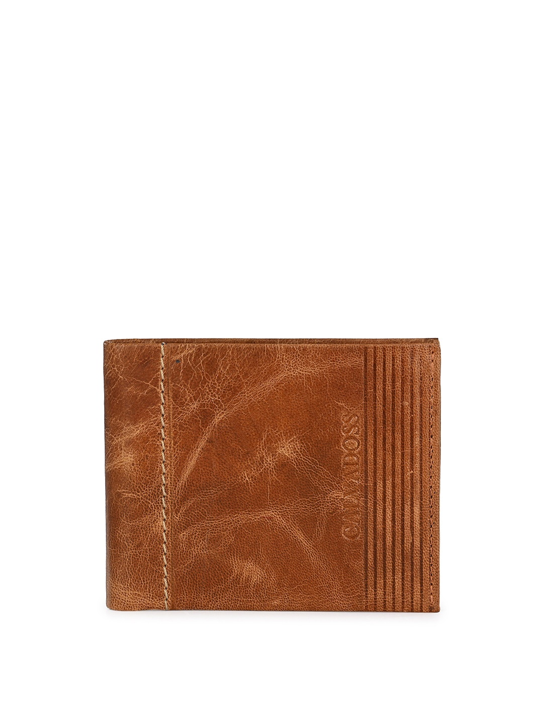 

Calvadoss Men Tan Brown Striped Leather Two Fold Wallet