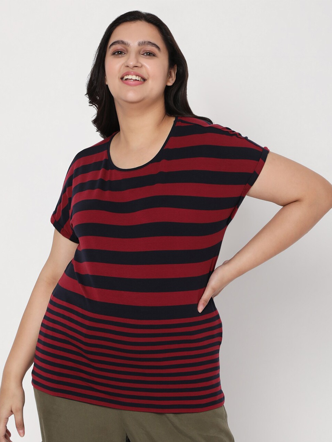 

Vero Moda Women Red & Navy Blue Striped Extended Sleeves T-shirt