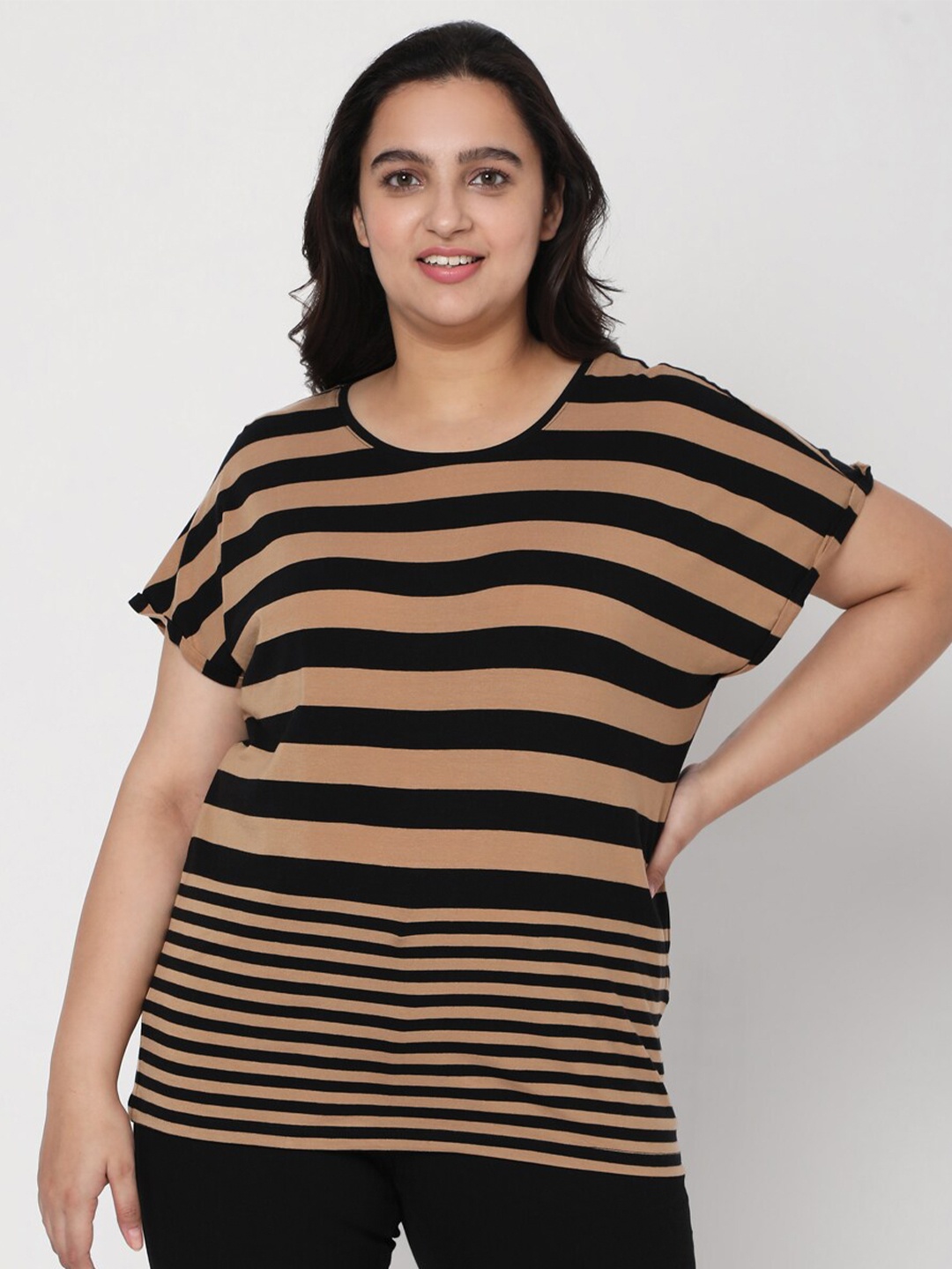 

Vero Moda Women Brown & Black Striped Extended Sleeves T-shirt