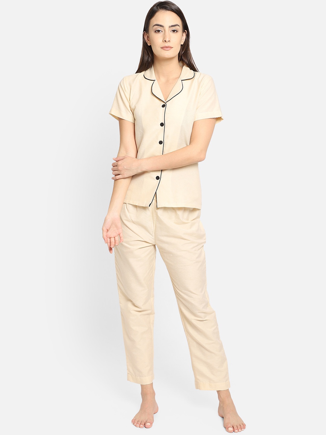 

Fbella Women Cream-Coloured Solid Night Suit