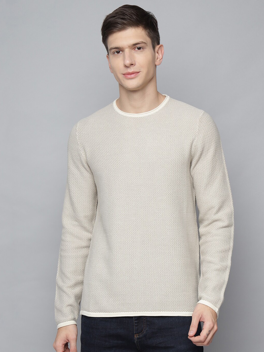 

LINDBERGH Men Beige Geometric Self Design Pure Cotton Pullover