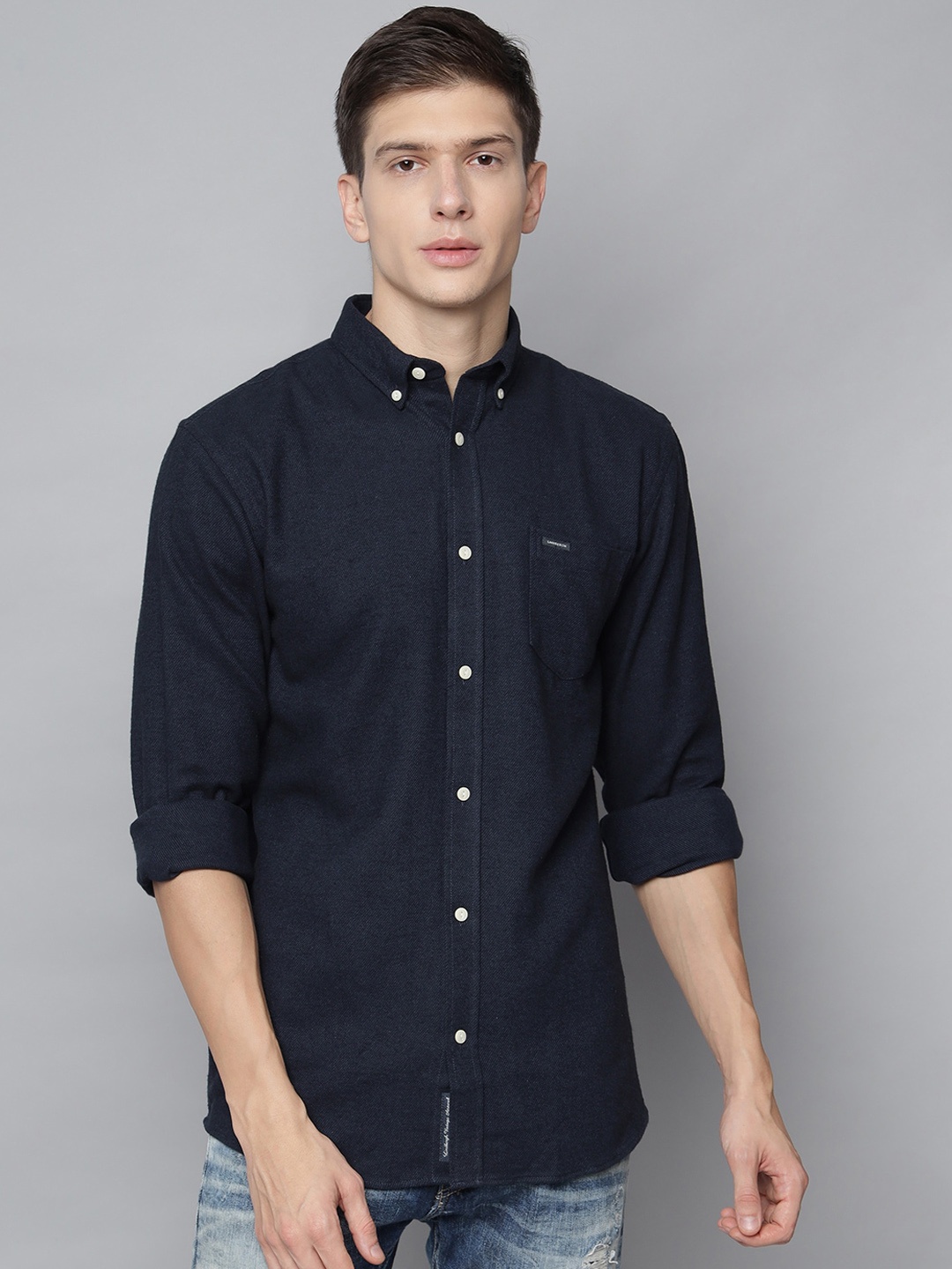 

LINDBERGH Men Navy Blue Slim Fit Opaque Cotton Casual Shirt