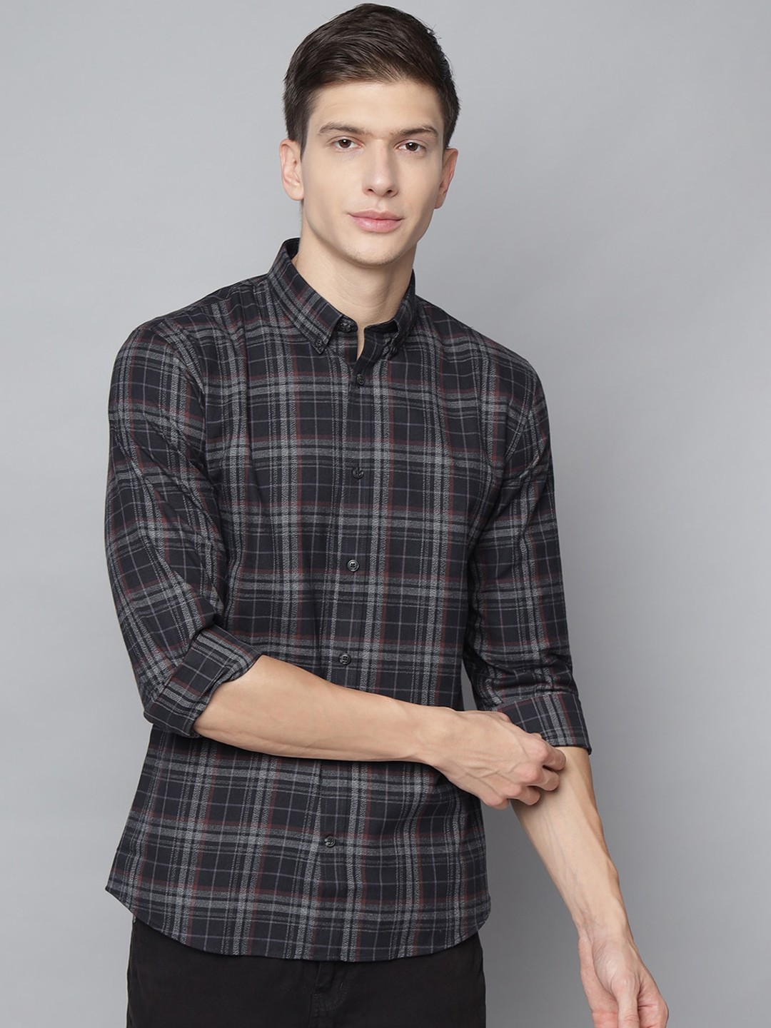 

LINDBERGH Men Black Tartan Checks Opaque Checked Casual Shirt
