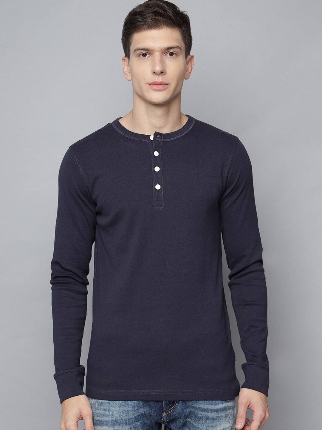 

LINDBERGH Men Navy Blue Henley Neck T-shirt